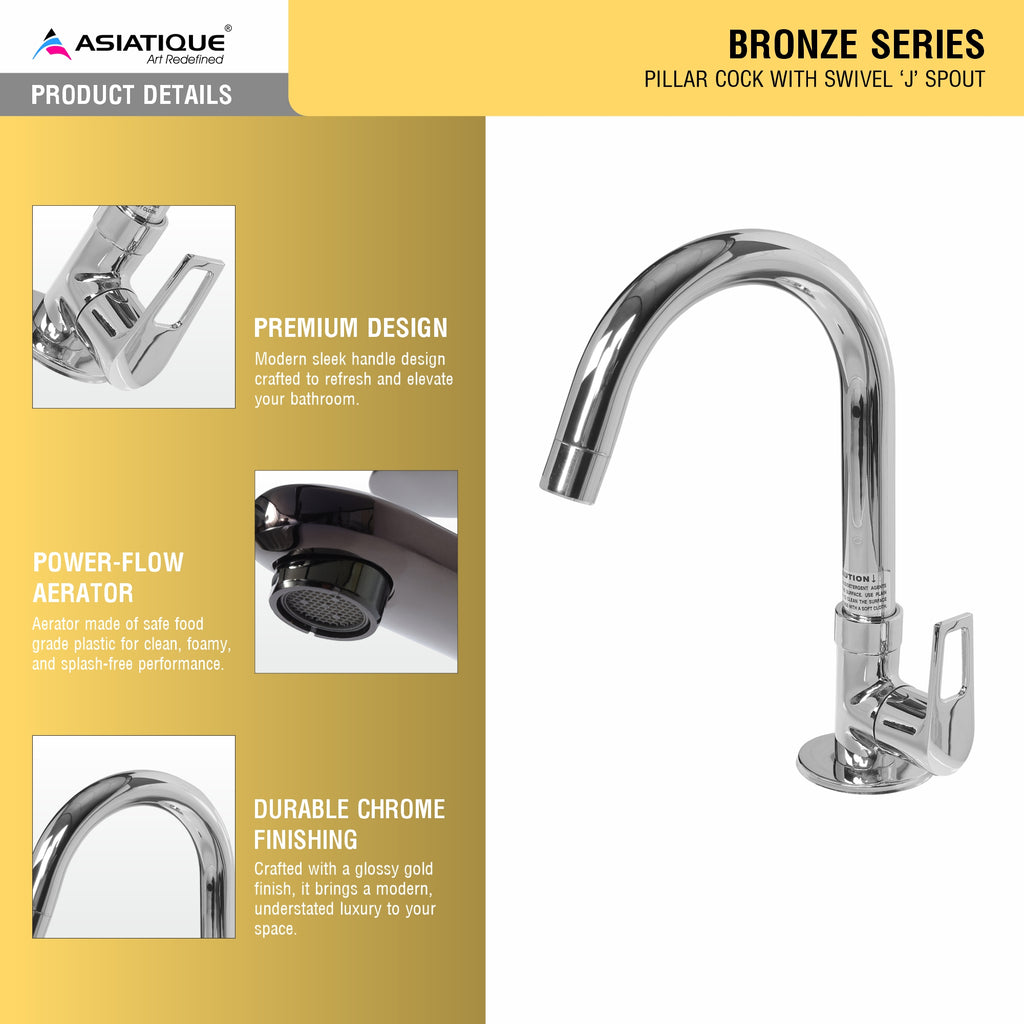 Asiatique Pillar Cock With Swivel ‘J’ Spout (B-002), Bronze Series Premium Brass Faucet Collection, Chrome Basin Mixers, Pillar Cocks, Sink Mixers & Bathroom Taps