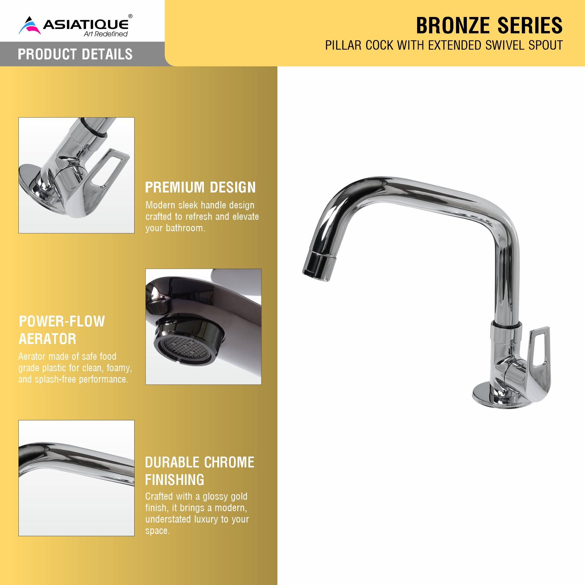 Asiatique Pillar Cock With Extended Swivel Spout (B-002EX), Bronze Series Premium Brass Faucet Collection, Chrome Basin Mixers, Pillar Cocks, Sink Mixers & Bathroom Taps