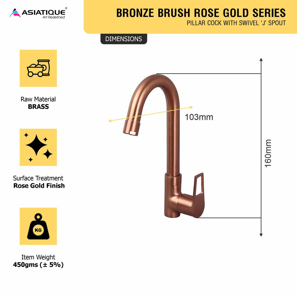 Asiatique Pillar Cock With Swivel ‘J’ Spout (BRG-002 M), Button & Plate, Bronze Brush Rose Gold Series Bathroom & Kitchen Faucets
