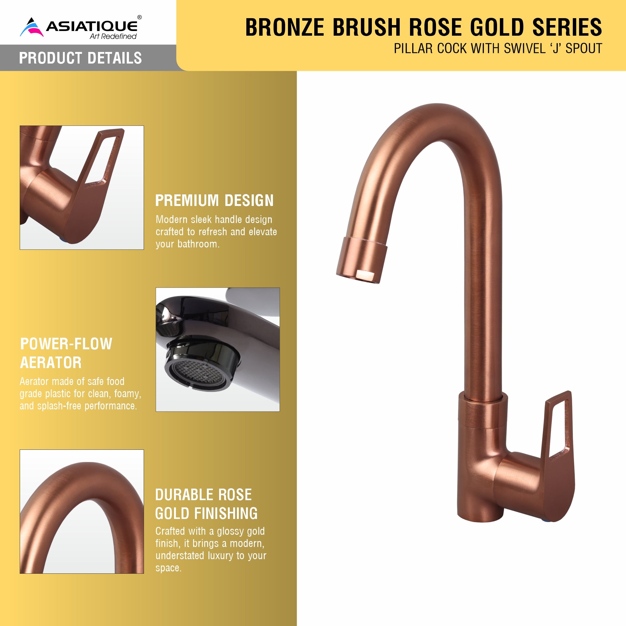 Asiatique Pillar Cock With Swivel ‘J’ Spout (BRG-002 M), Button & Plate, Bronze Brush Rose Gold Series Bathroom & Kitchen Faucets