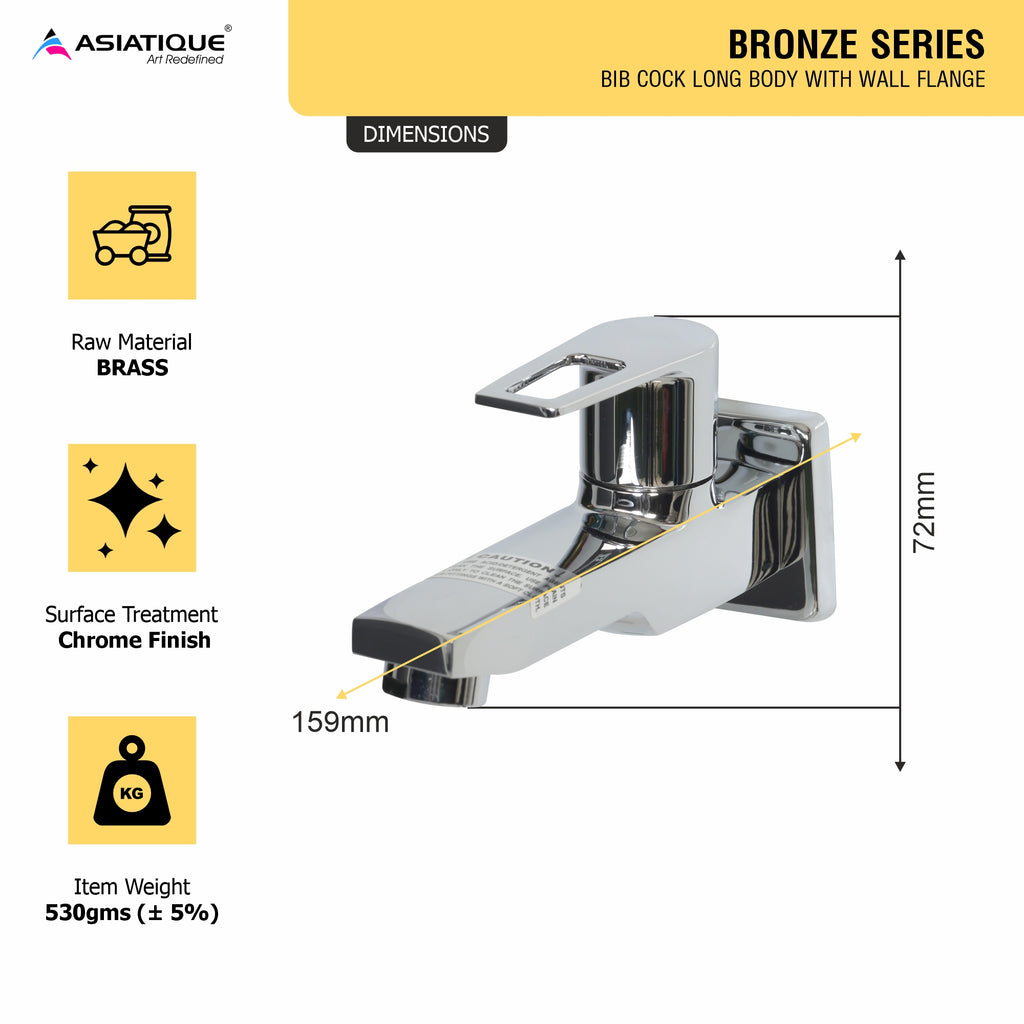 Asiatique Bib Cock Long Body With Wall Flange (B-004), Bronze Series Premium Brass Faucet Collection, Chrome Basin Mixers, Pillar Cocks, Sink Mixers & Bathroom Tap