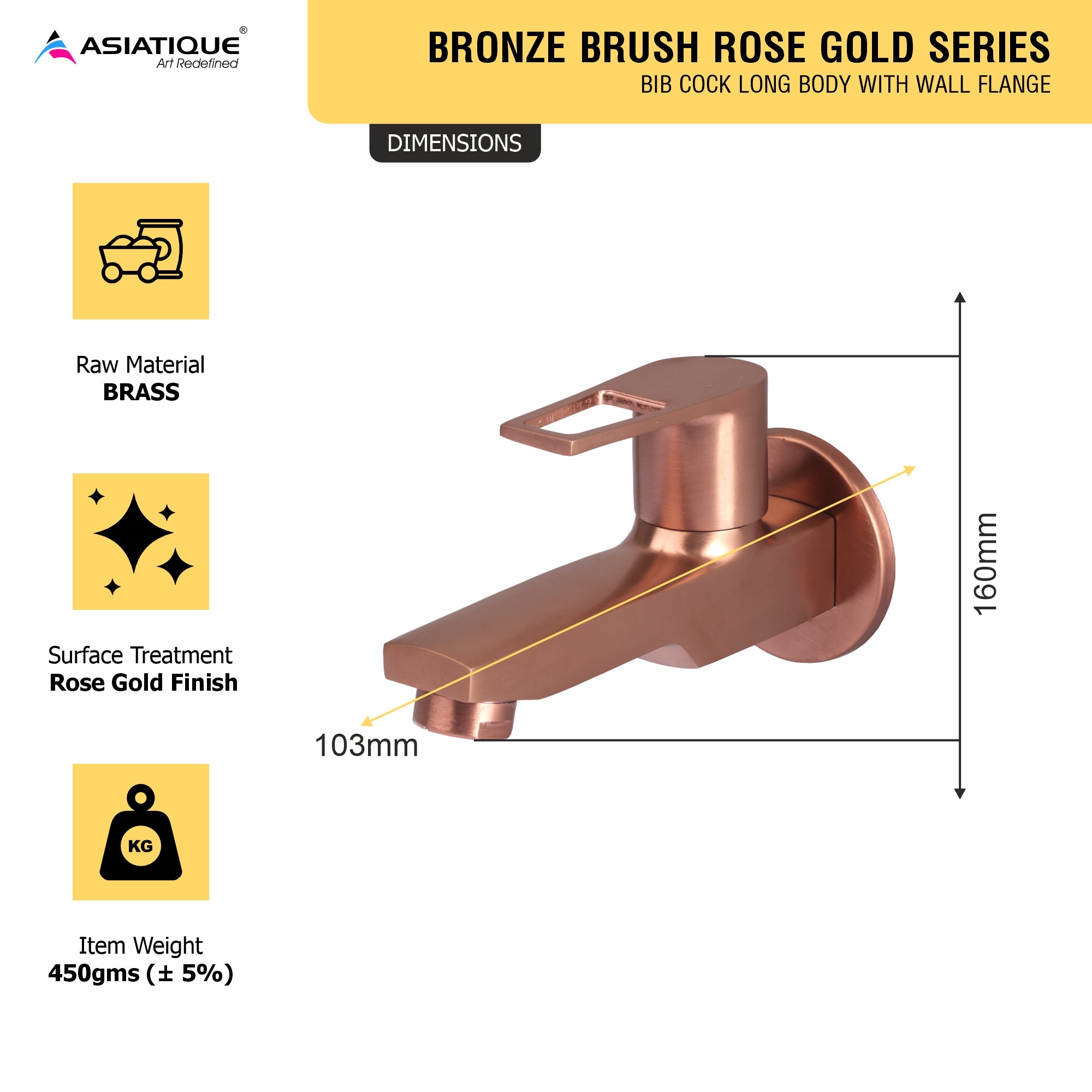 Asiatique Bib Cock Long Body With Wall Flange (BRG-004 M), Button & Plate, Bronze Brush Rose Gold Series Bathroom & Kitchen Faucets