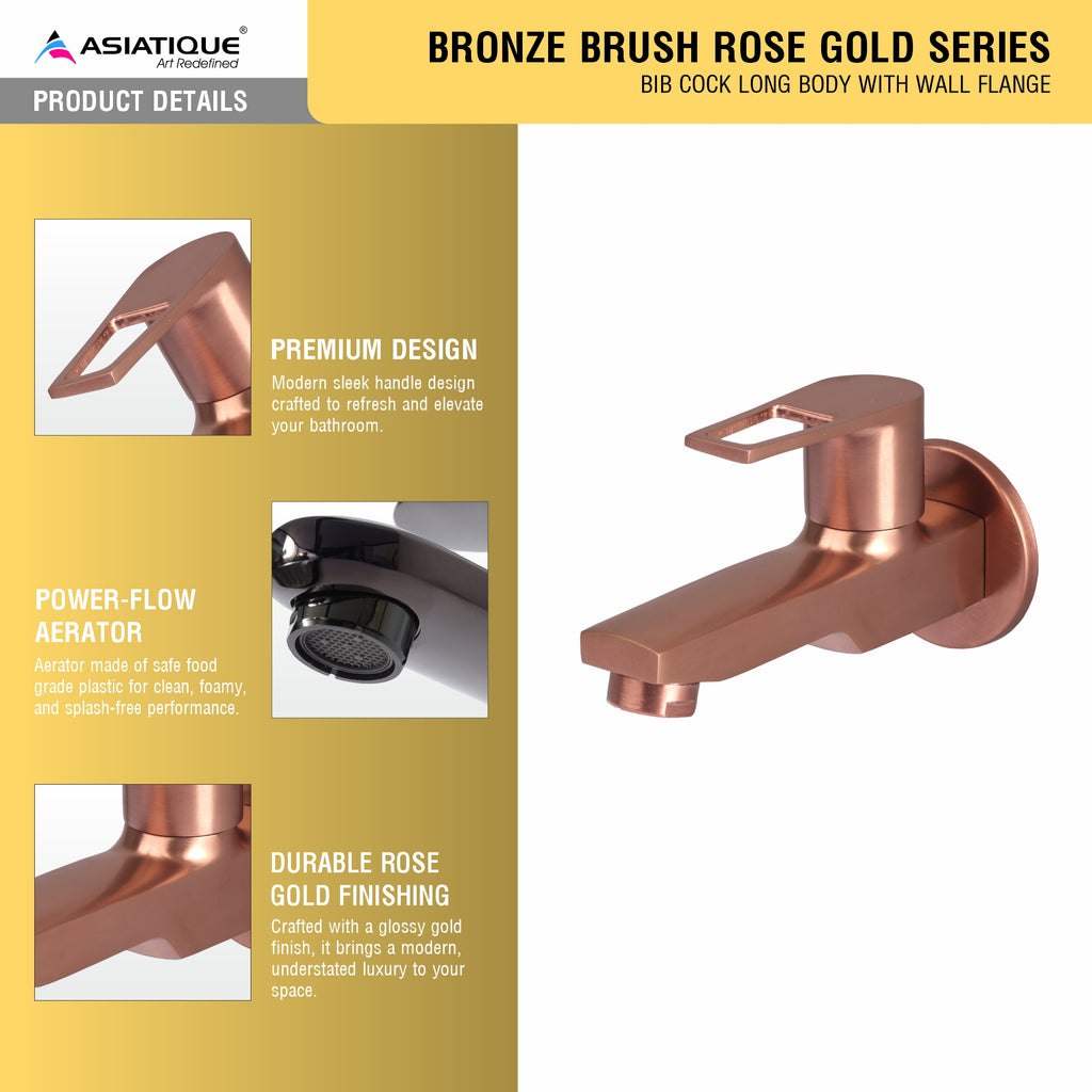 Asiatique Bib Cock Long Body With Wall Flange (BRG-004 M), Button & Plate, Bronze Brush Rose Gold Series Bathroom & Kitchen Faucets