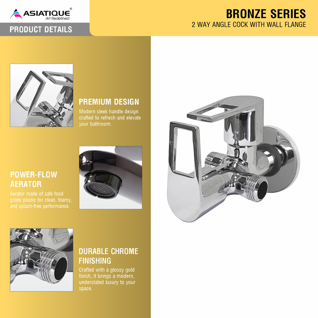 Asiatique 2 Way Angle Cock With Wall Flange (B-005TW), Bronze Series Premium Brass Faucet Collection, Chrome Basin Mixers, Pillar Cocks, Sink Mixers & Bathroom Taps