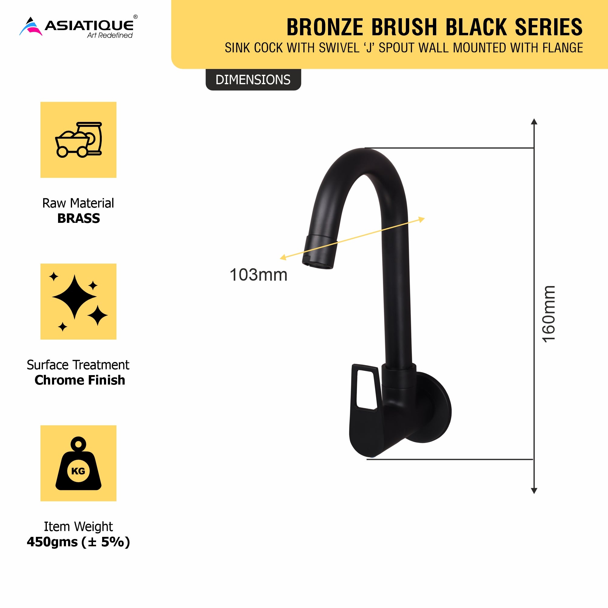 Asiatique Sink Cock With Swivel ‘J’ Spout Wall Mounted With Flange (BB-008 M), Bronze Brush Black Series Bathroom & Kitchen Faucets