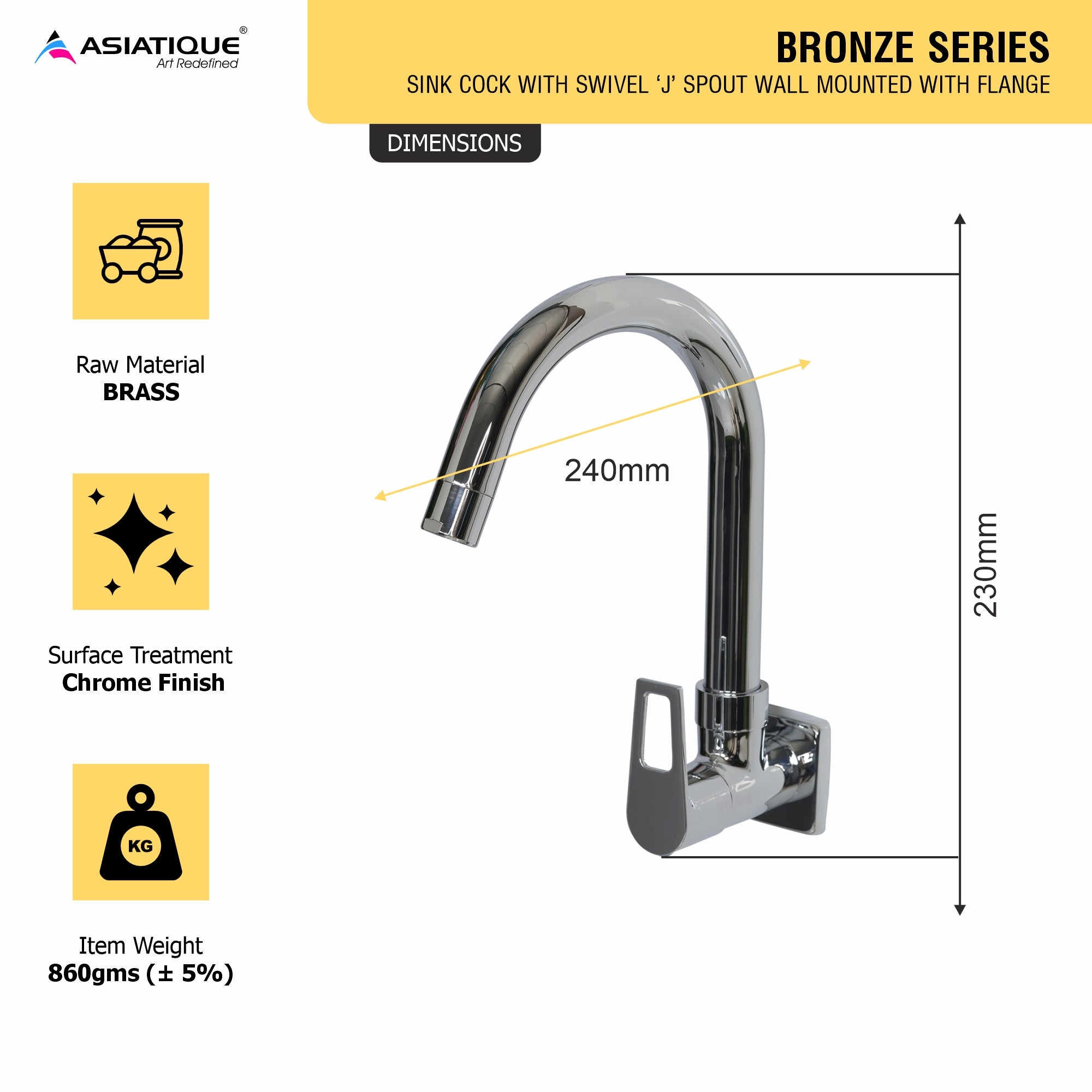 Asiatique Sink Cock With Swivel ‘J’ Spout Wall Mounted With Flange (B-008), Bronze Series Premium Brass Faucet Collection, Chrome Basin Mixers, Pillar Cocks, Sink Mixers & Bathroom Taps