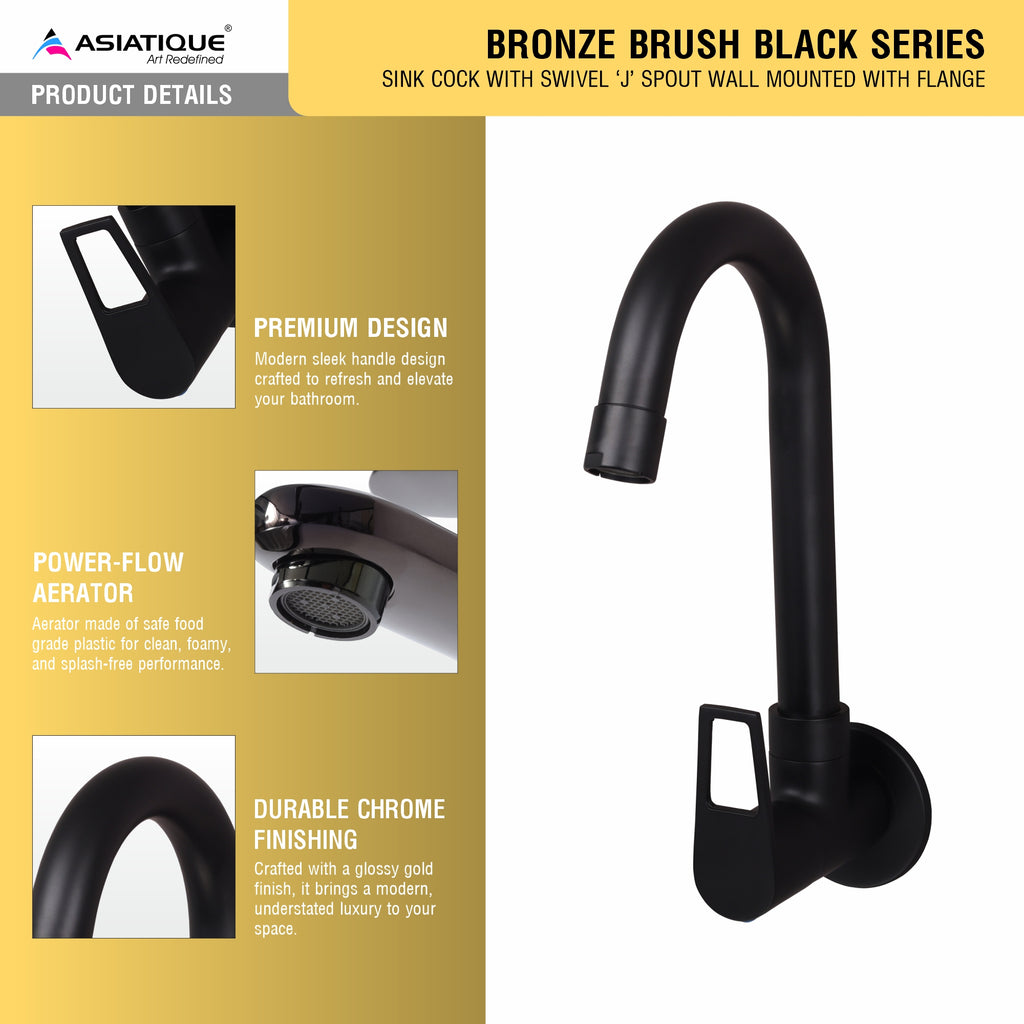 Asiatique Sink Cock With Swivel ‘J’ Spout Wall Mounted With Flange (BB-008 M), Bronze Brush Black Series Bathroom & Kitchen Faucets