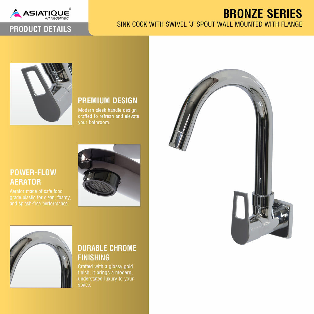 Asiatique Sink Cock With Swivel ‘J’ Spout Wall Mounted With Flange (B-008), Bronze Series Premium Brass Faucet Collection, Chrome Basin Mixers, Pillar Cocks, Sink Mixers & Bathroom Taps