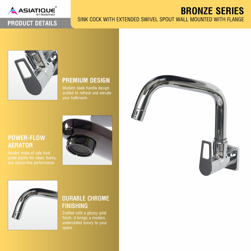 Asiatique Sink Cock With Extended Swivel Spout Wall Mounted With Flange (B-008EX), Bronze Series Premium Brass Faucet Collection, Chrome Basin Mixers, Pillar Cocks, Sink Mixers & Bathroom Taps