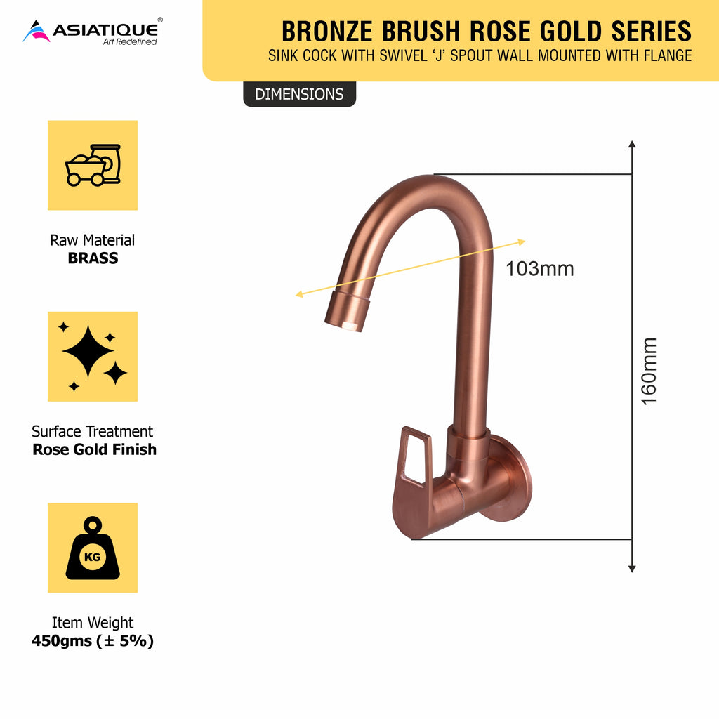 Asiatique Sink Cock With Swivel ‘J’ Spout Wall Mounted With Flange (BRG-008 M), Button & Plate, Bronze Brush Rose Gold Series Bathroom & Kitchen Faucets