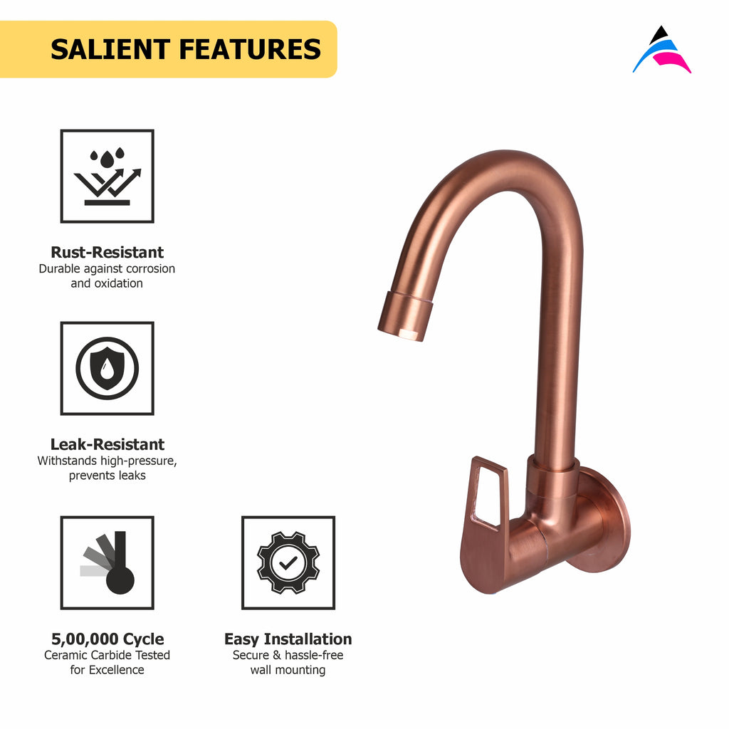 Asiatique Sink Cock With Swivel ‘J’ Spout Wall Mounted With Flange (BRG-008 M), Button & Plate, Bronze Brush Rose Gold Series Bathroom & Kitchen Faucets
