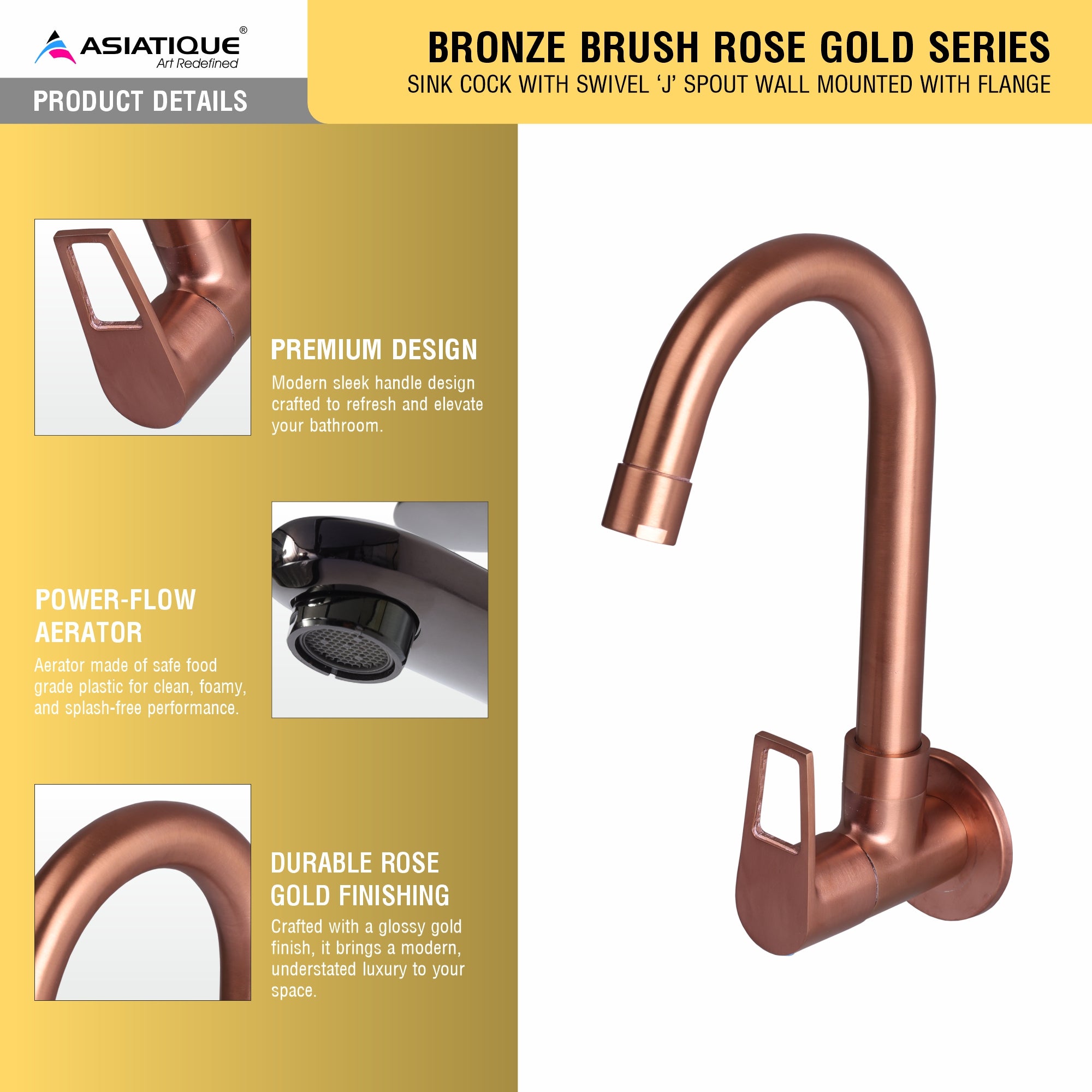 Asiatique Sink Cock With Swivel ‘J’ Spout Wall Mounted With Flange (BRG-008 M), Button & Plate, Bronze Brush Rose Gold Series Bathroom & Kitchen Faucets