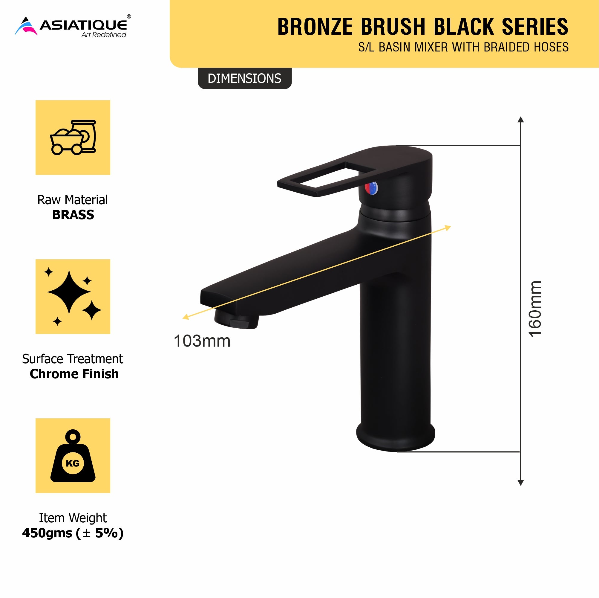 Asiatique S/L Basin Mixer With Braided Hoses (BB-009 M), Bronze Brush Black Series Bathroom & Kitchen Faucets
