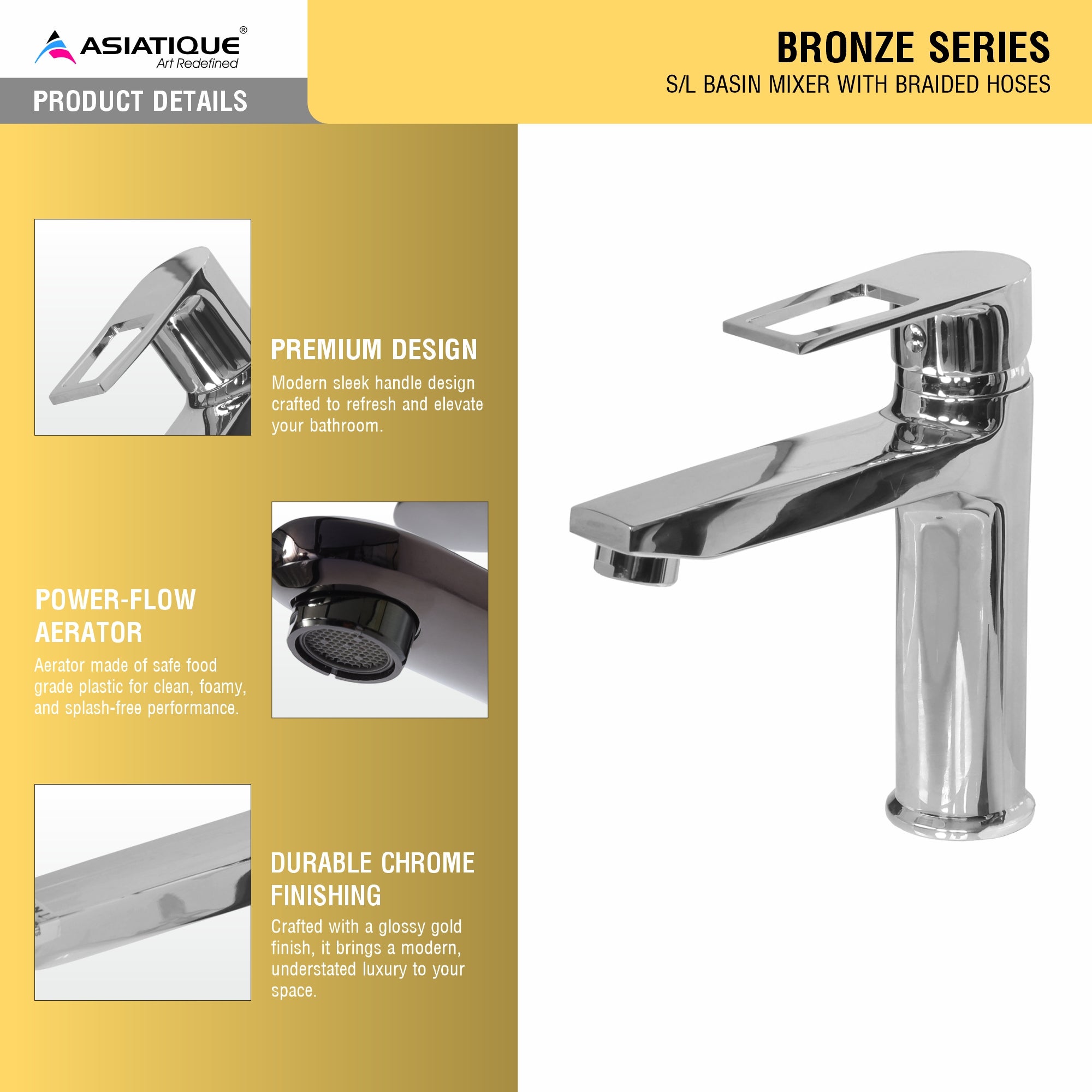 Asiatique S/L Basin Mixer With Braided HOSES (B-009), Bronze Series Premium Brass Faucet Collection, Chrome Basin Mixers, Pillar Cocks, Sink Mixers & Bathroom Tap
