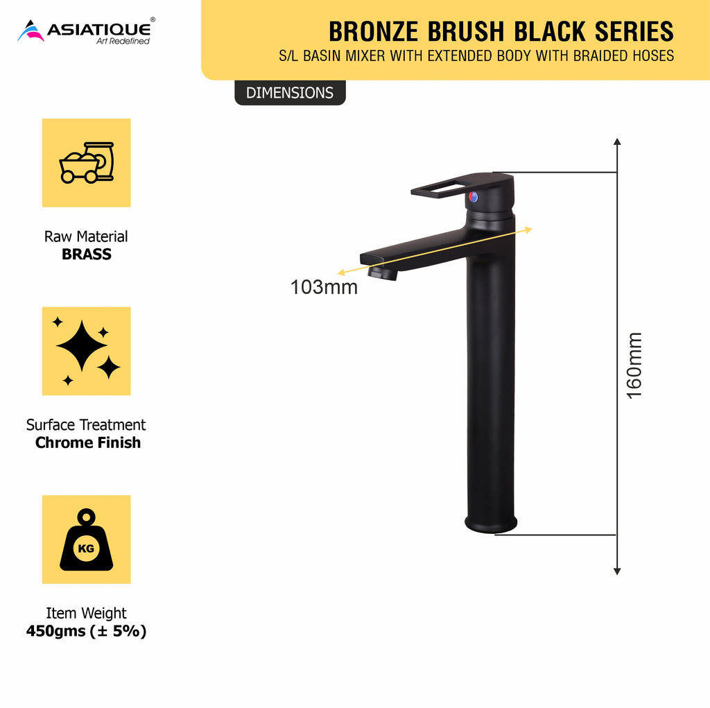 Asiatique S/L Basin Mixer With Extended Body With Braided Hoses (BB-009EX M), Bronze Brush Black Series Bathroom & Kitchen Faucets