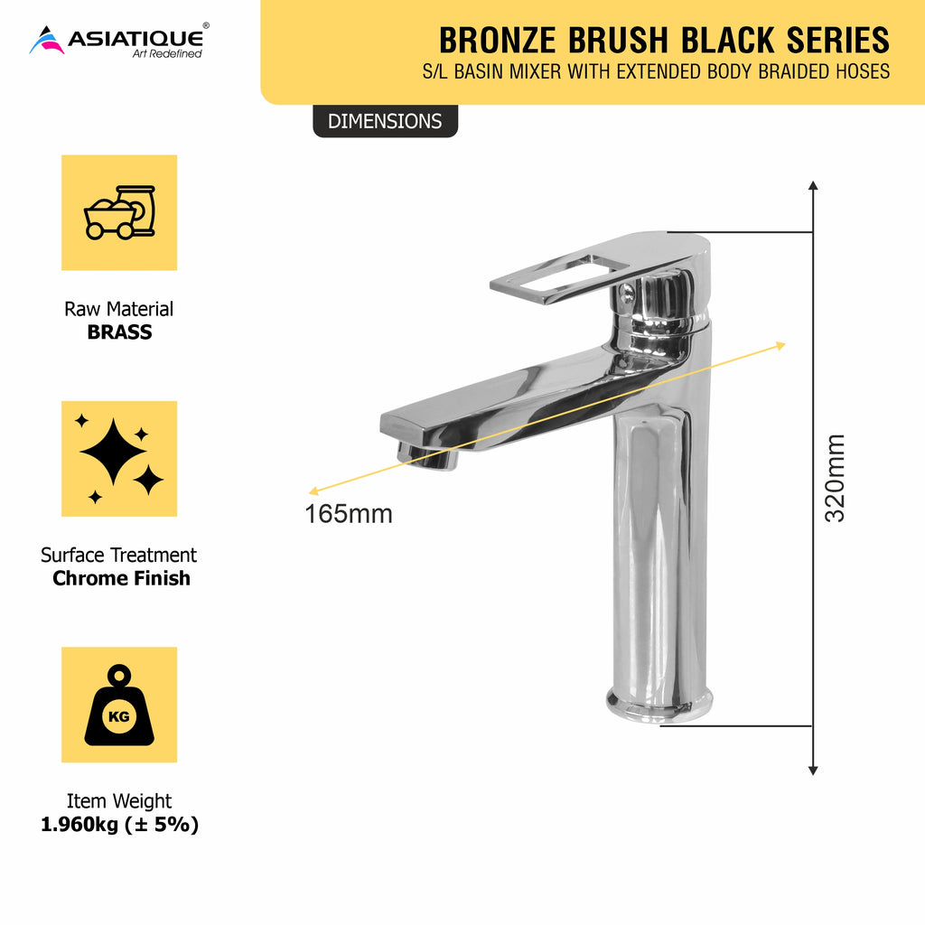 Asiatique S/L Basin Mixer With Extended Body Braided Hoses (B-009EX), Bronze Series Premium Brass Faucet Collection, Chrome Basin Mixers, Pillar Cocks, Sink Mixers & Bathroom Tap