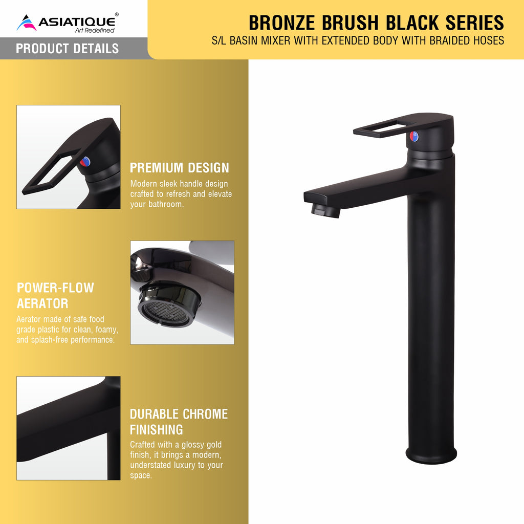 Asiatique S/L Basin Mixer With Extended Body With Braided Hoses (BB-009EX M), Bronze Brush Black Series Bathroom & Kitchen Faucets