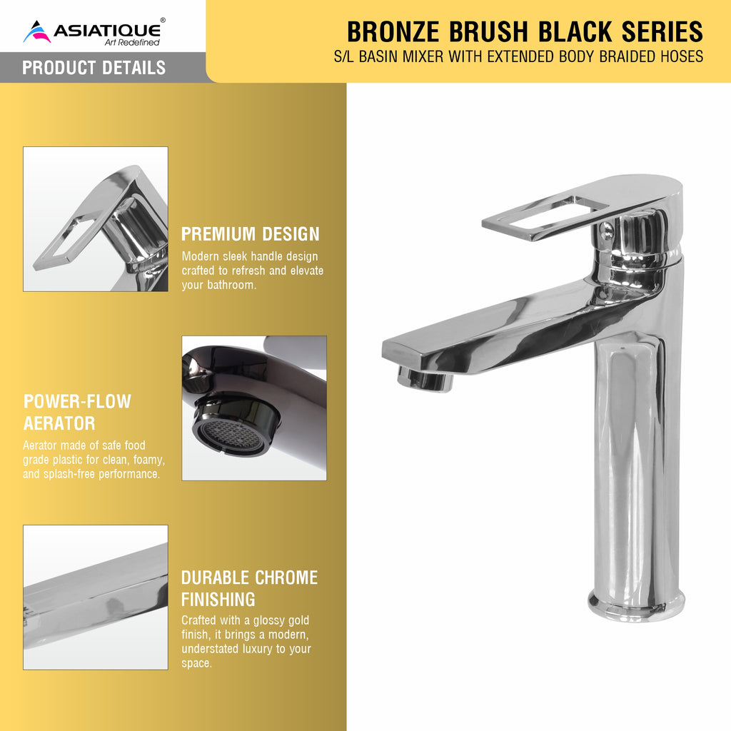 Asiatique S/L Basin Mixer With Extended Body Braided Hoses (B-009EX), Bronze Series Premium Brass Faucet Collection, Chrome Basin Mixers, Pillar Cocks, Sink Mixers & Bathroom Tap