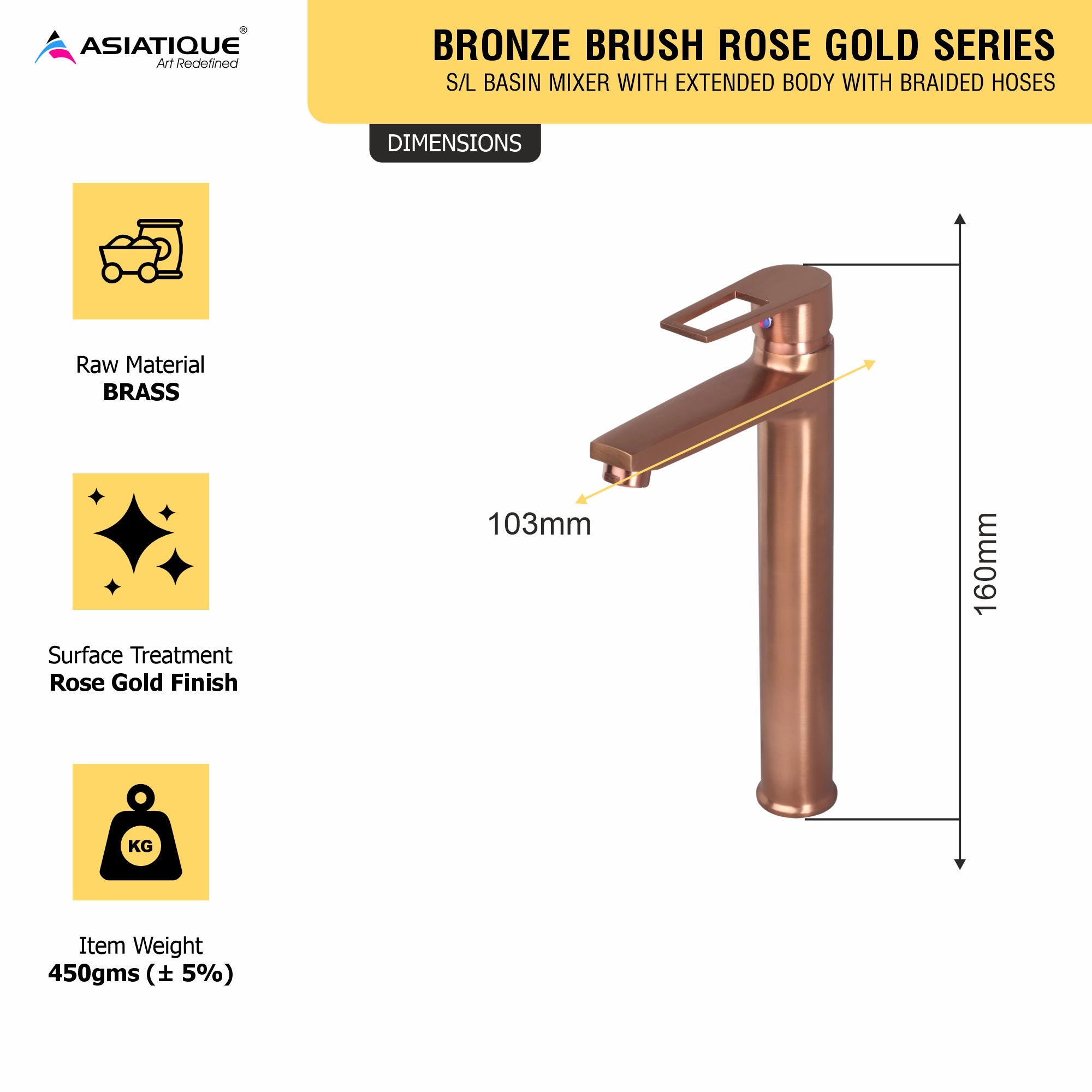 Asiatique S/L Basin Mixer With Extended Body With Braided Hoses (BRG-009EX M), Button & Plate, Bronze Brush Rose Gold Series Bathroom & Kitchen Faucets