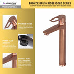 Asiatique S/L Basin Mixer With Extended Body With Braided Hoses (BRG-009EX M), Button & Plate, Bronze Brush Rose Gold Series Bathroom & Kitchen Faucets
