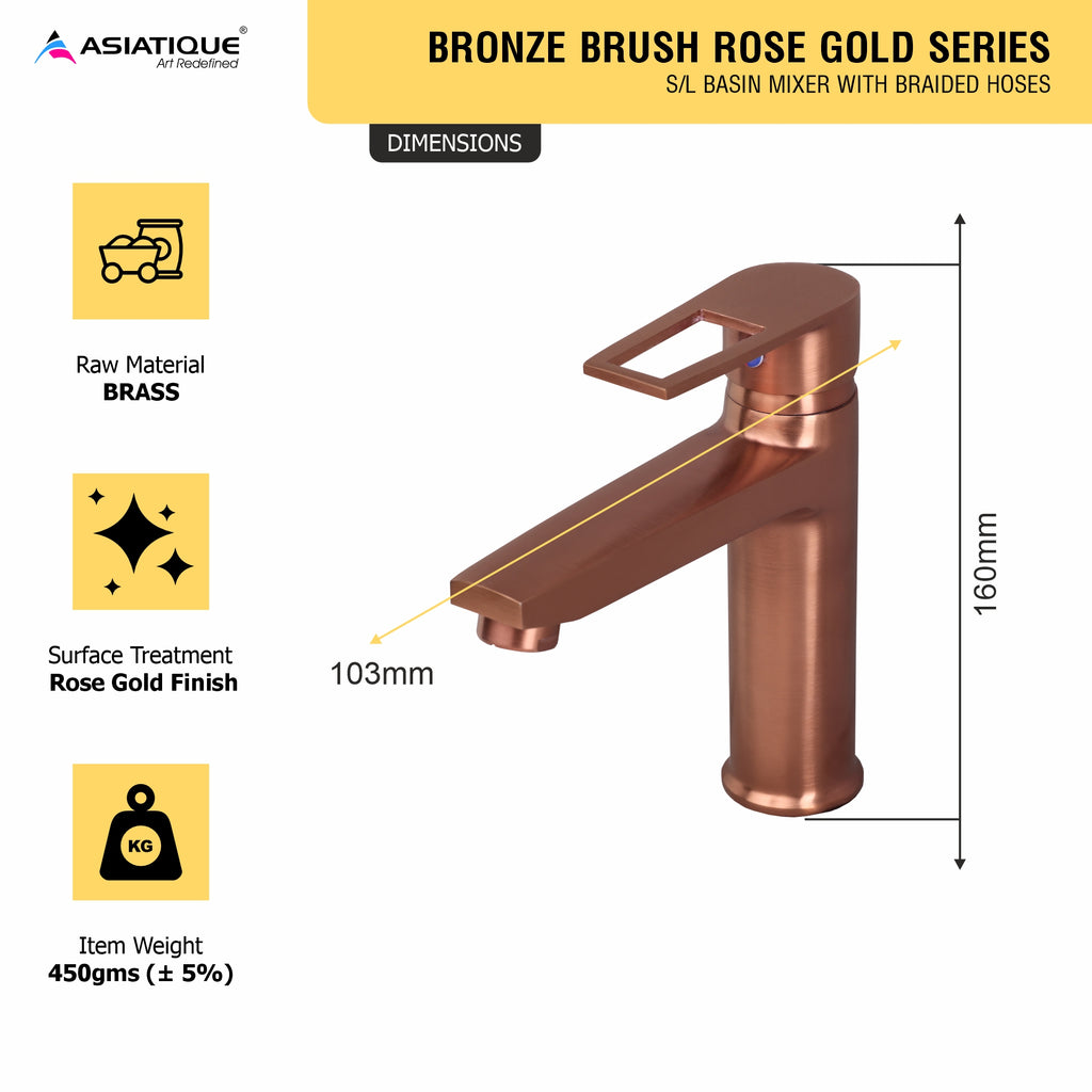 Asiatique S/L Basin Mixer With Braided Hoses (BRG-009 M), Button & Plate, Bronze Brush Rose Gold Series Bathroom & Kitchen Faucets