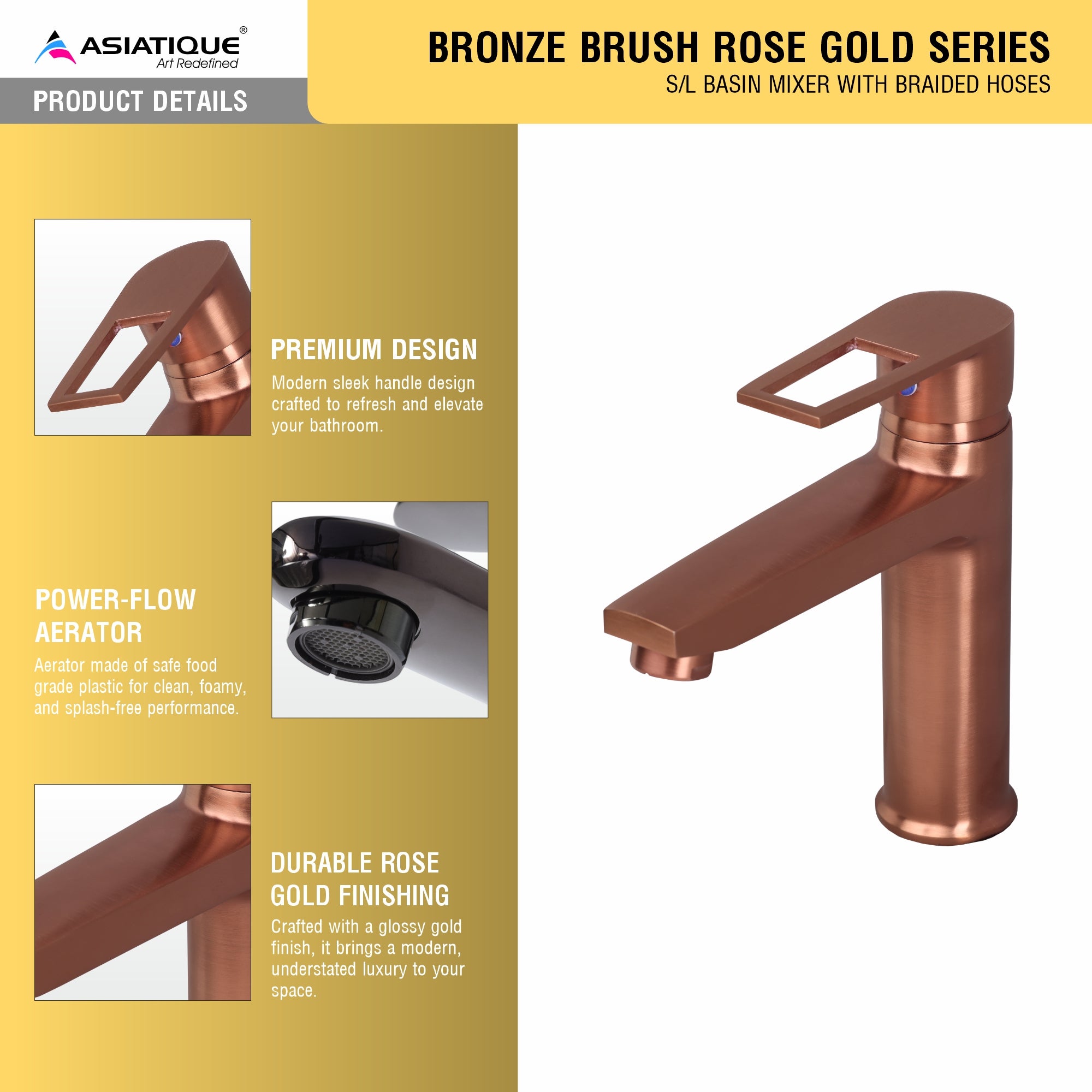 Asiatique S/L Basin Mixer With Braided Hoses (BRG-009 M), Button & Plate, Bronze Brush Rose Gold Series Bathroom & Kitchen Faucets