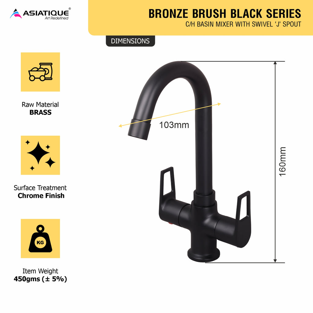 Asiatique C/H Basin Mixer With Swivel ‘J’ Spout (BB-011 M), Bronze Brush Black Series Bathroom & Kitchen Faucets