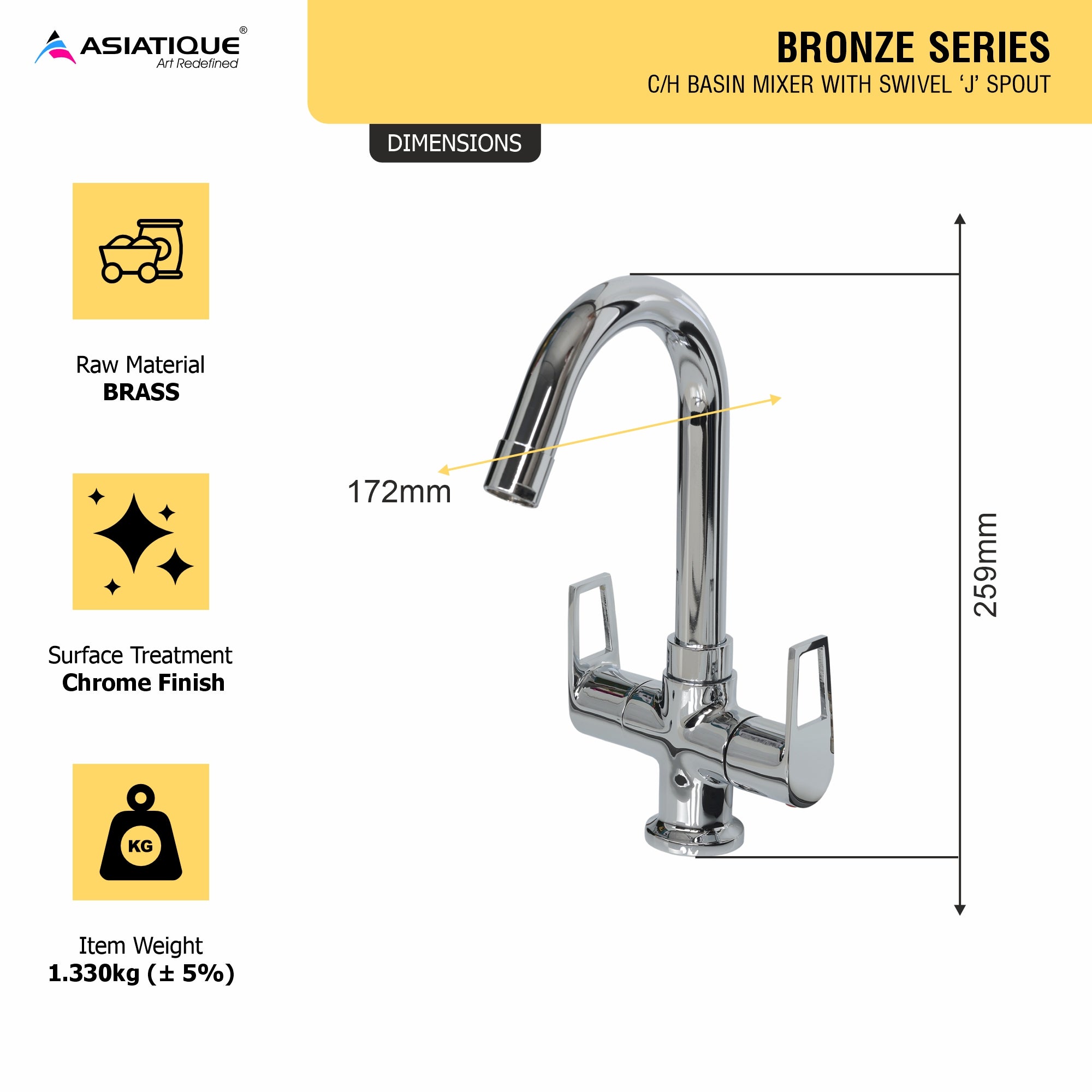 Asiatique C/H Basin Mixer With Swivel ‘J’ Spout (B-011), Bronze Series Premium Brass Faucet Collection, Chrome Basin Mixers, Pillar Cocks, Sink Mixers & Bathroom Taps
