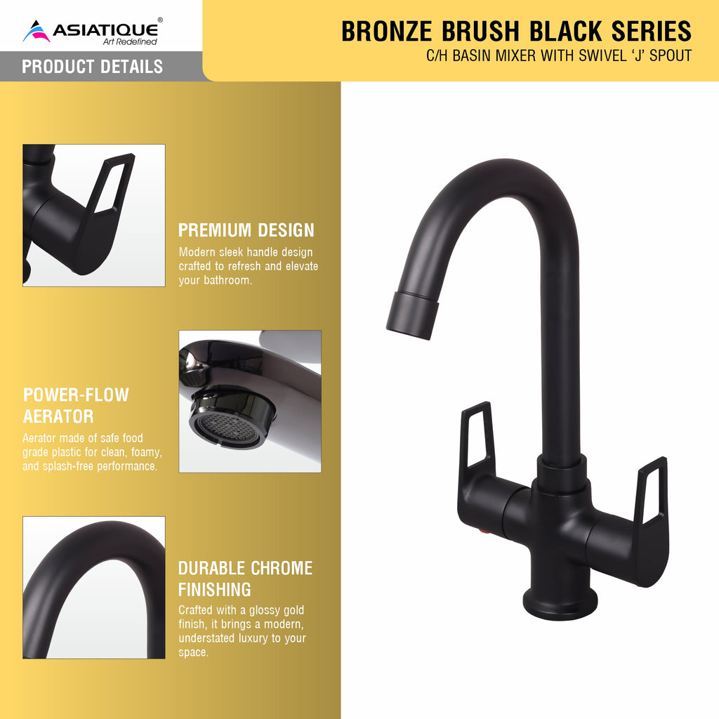 Asiatique C/H Basin Mixer With Swivel ‘J’ Spout (BB-011 M), Bronze Brush Black Series Bathroom & Kitchen Faucets