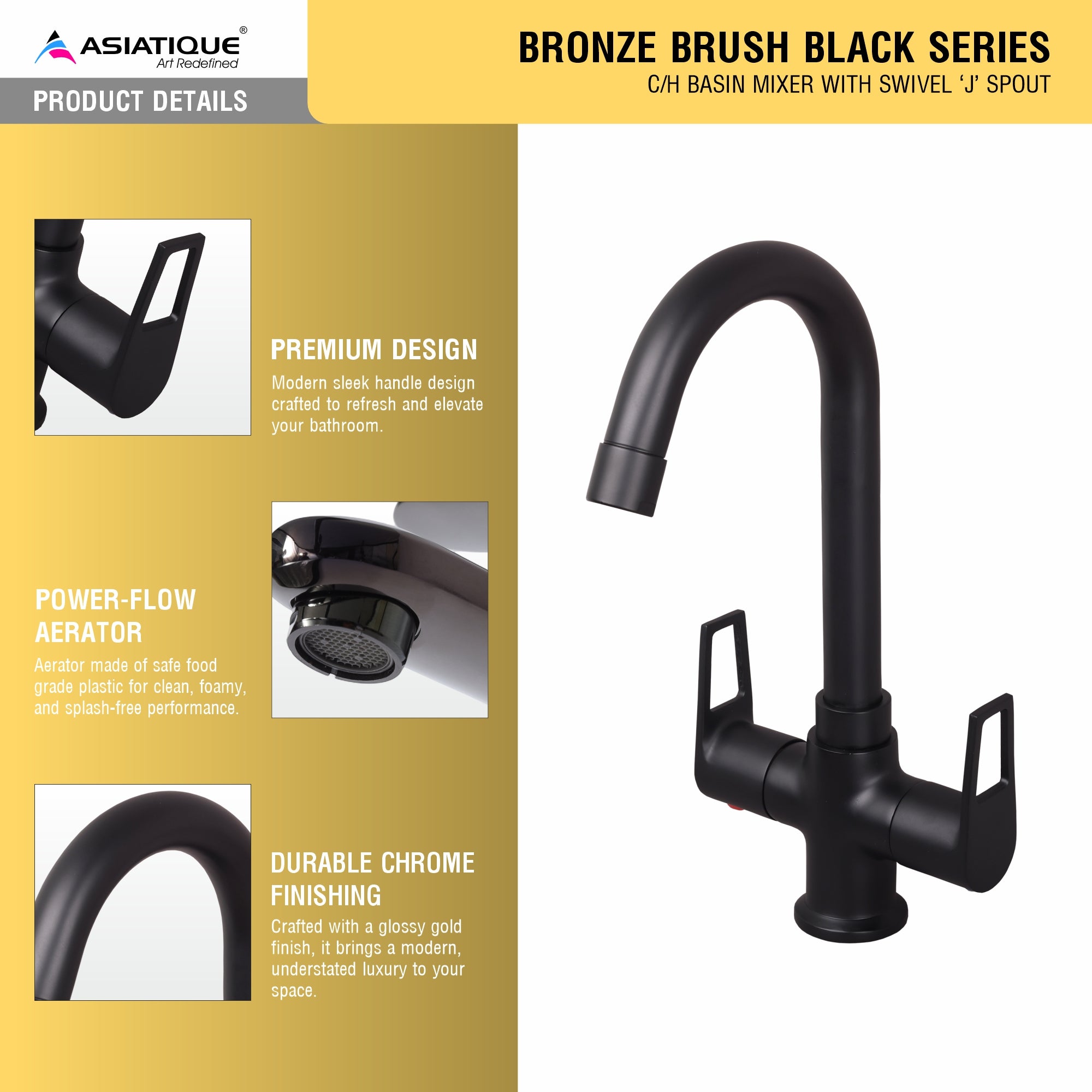 Asiatique C/H Basin Mixer With Swivel ‘J’ Spout (BB-011 M), Bronze Brush Black Series Bathroom & Kitchen Faucets