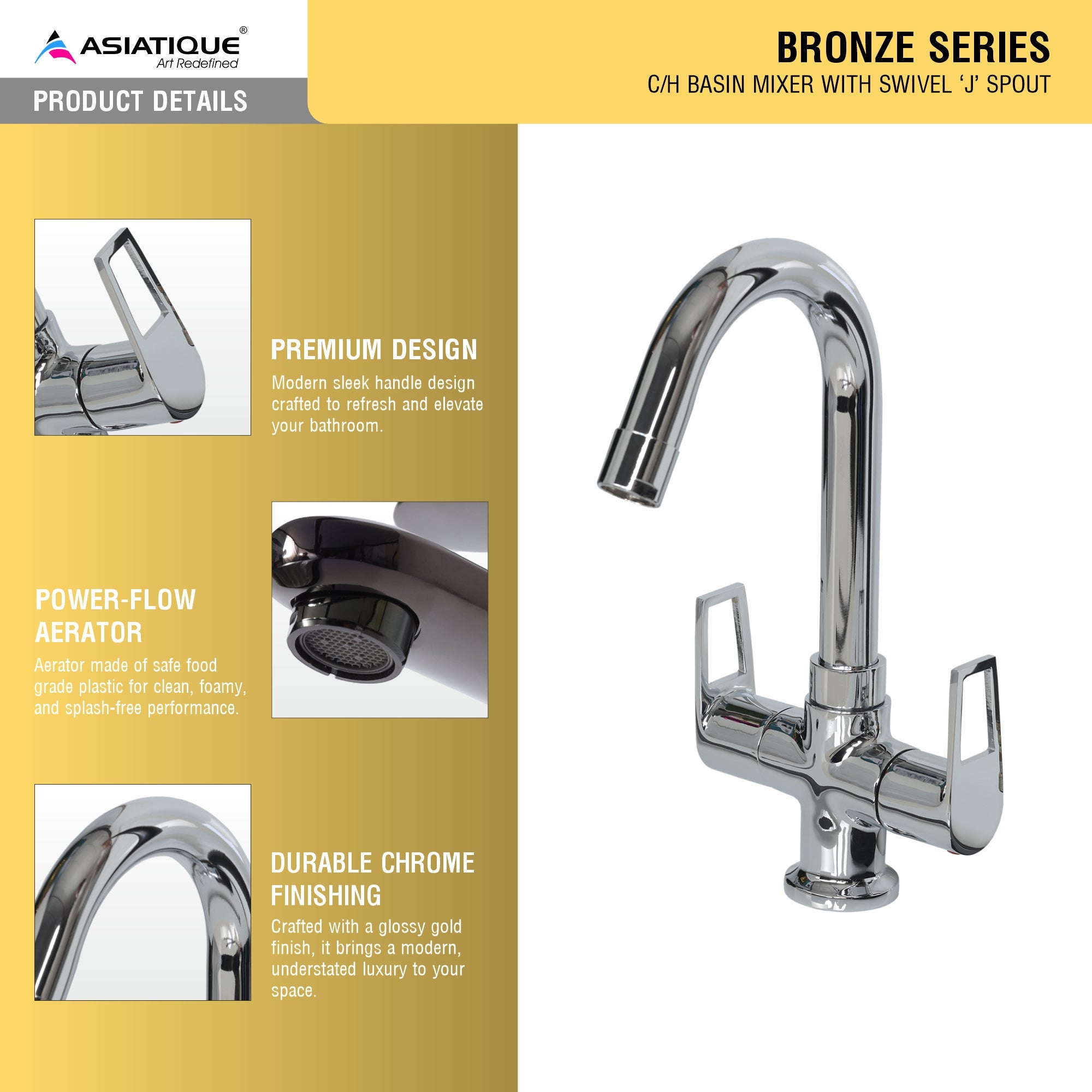 Asiatique C/H Basin Mixer With Swivel ‘J’ Spout (B-011), Bronze Series Premium Brass Faucet Collection, Chrome Basin Mixers, Pillar Cocks, Sink Mixers & Bathroom Taps