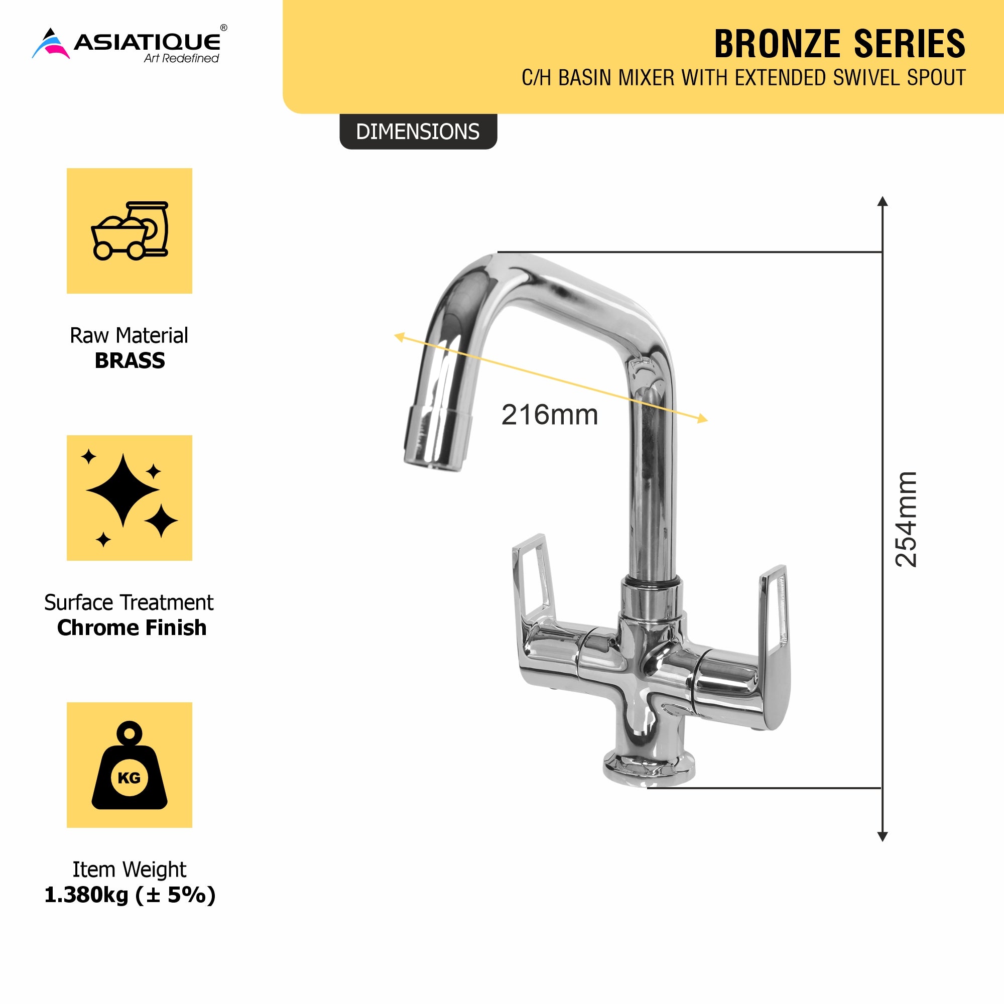 Asiatique C/H Basin Mixer With Extended Swivel Spout (B-011EX), Bronze Series Premium Brass Faucet Collection, Chrome Basin Mixers, Pillar Cocks, Sink Mixers & Bathroom Taps