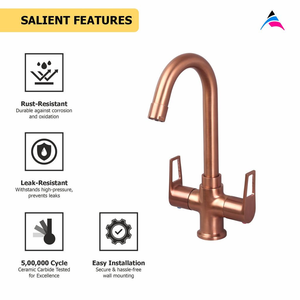 Asiatique Sink C/H Basin Mixer With Swivel ‘J’ Spout (BRG-011 M), Button & Plate, Bronze Brush Rose Gold Series Bathroom & Kitchen Faucets