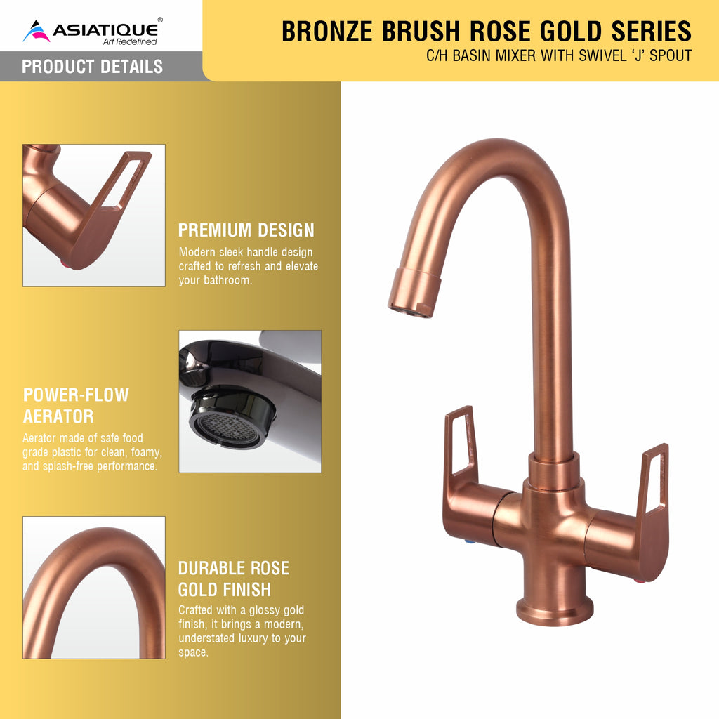 Asiatique Sink C/H Basin Mixer With Swivel ‘J’ Spout (BRG-011 M), Button & Plate, Bronze Brush Rose Gold Series Bathroom & Kitchen Faucets