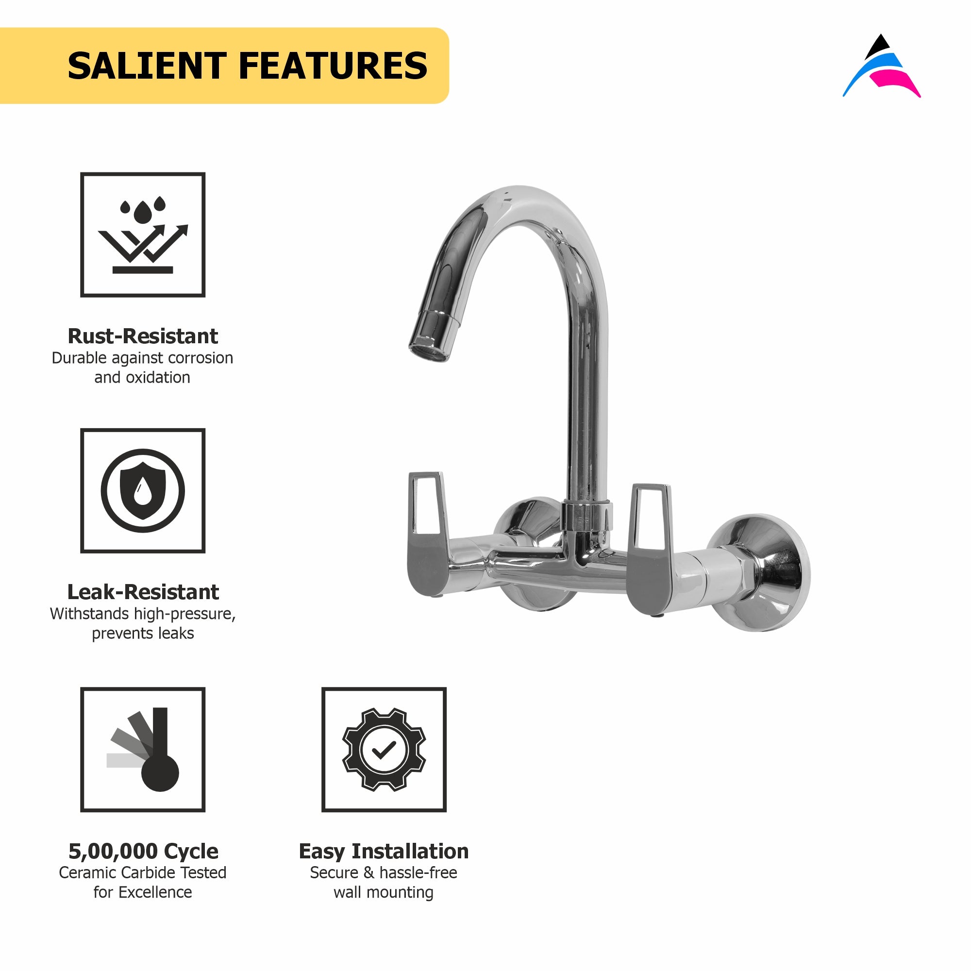 Asiatique Sink Mixer With Swivel ‘J’ Spout Wall Mounted (B-013), Bronze Series Premium Brass Faucet Collection, Chrome Basin Mixers, Pillar Cocks, Sink Mixers & Bathroom Taps