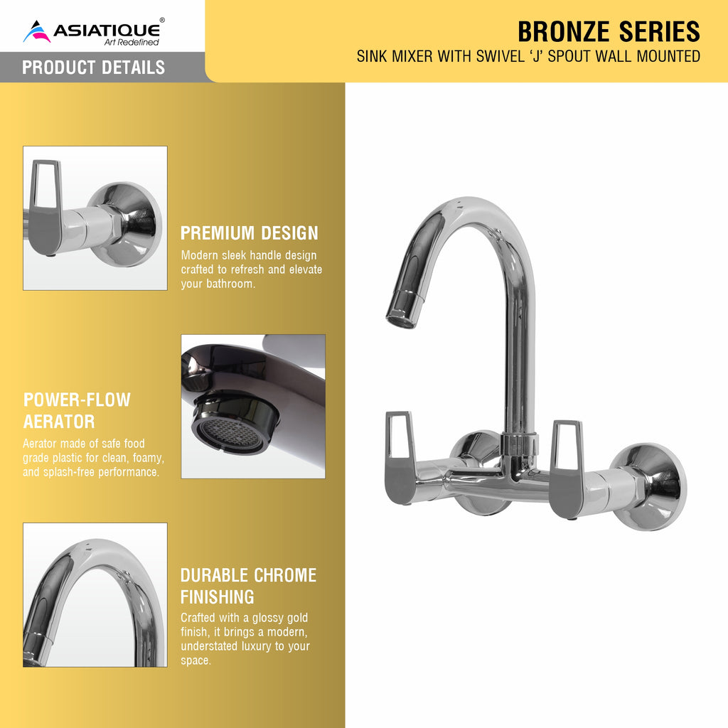 Asiatique Sink Mixer With Swivel ‘J’ Spout Wall Mounted (B-013), Bronze Series Premium Brass Faucet Collection, Chrome Basin Mixers, Pillar Cocks, Sink Mixers & Bathroom Taps