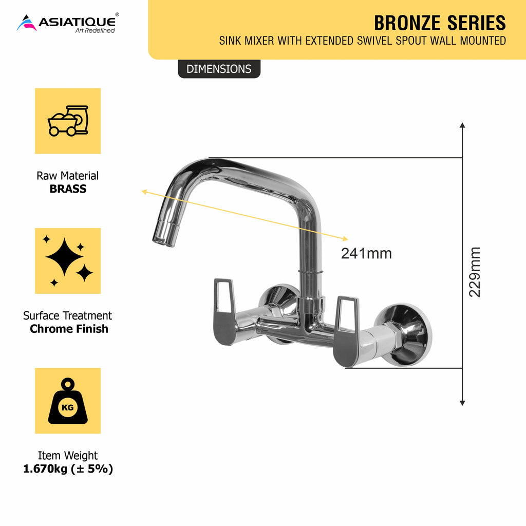 Asiatique Sink Mixer With Extended Swivel Spout Wall Mounted (B-013EX), Bronze Series Premium Brass Faucet Collection, Chrome Basin Mixers, Pillar Cocks, Sink Mixers & Bathroom Taps