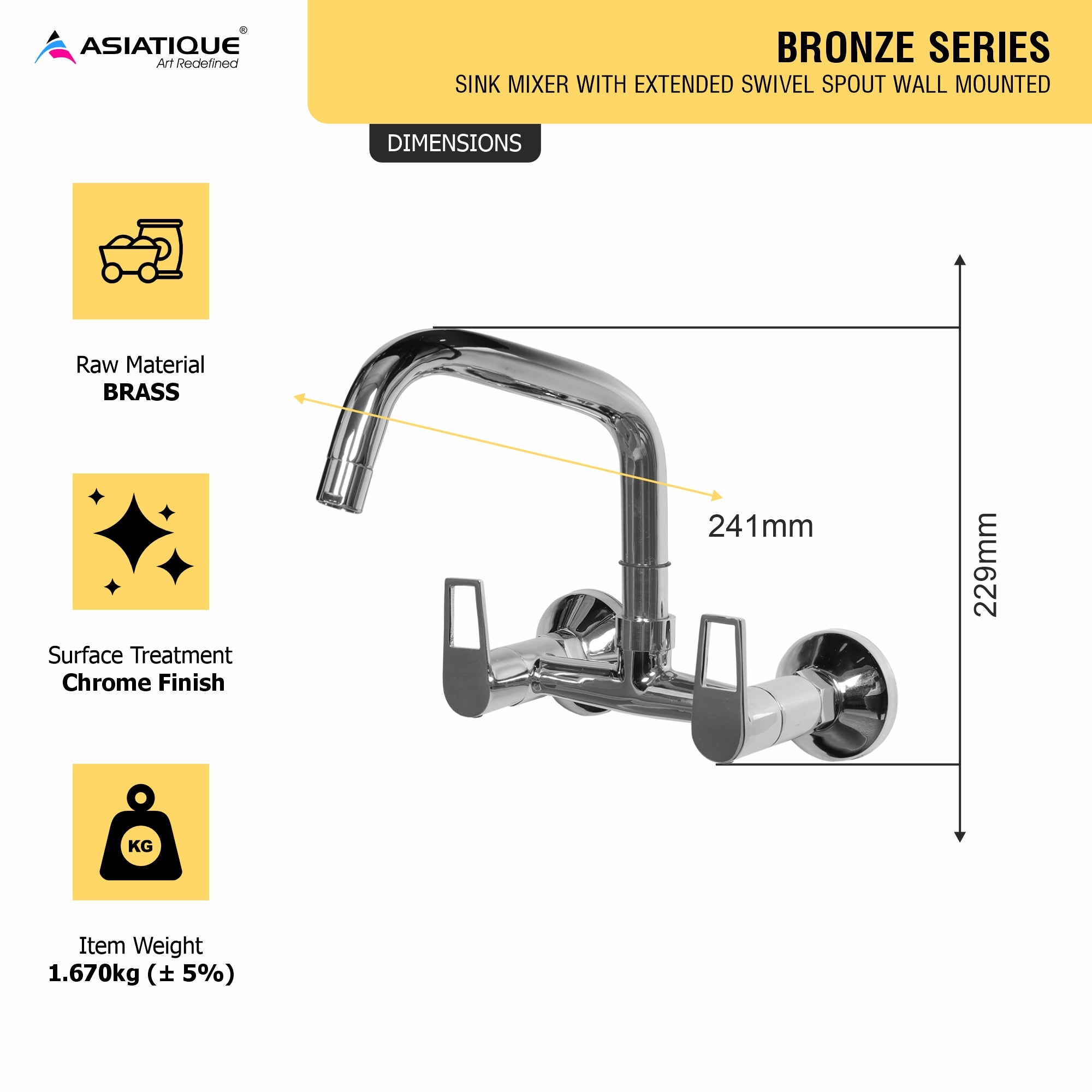 Asiatique Sink Mixer With Extended Swivel Spout Wall Mounted (B-013EX), Bronze Series Premium Brass Faucet Collection, Chrome Basin Mixers, Pillar Cocks, Sink Mixers & Bathroom Taps