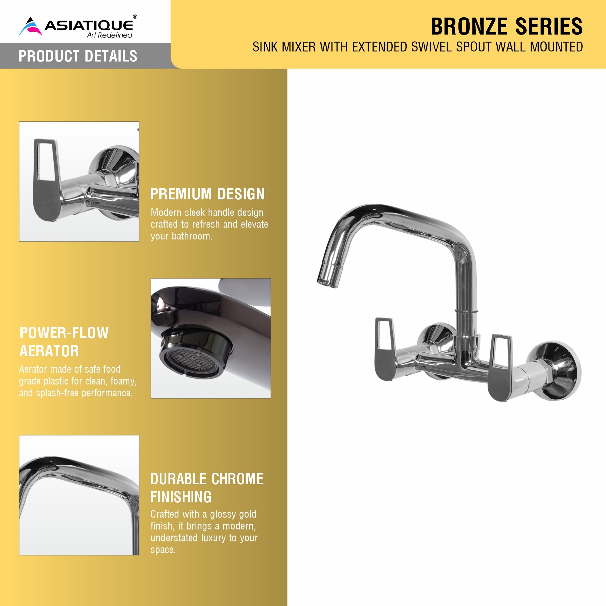 Asiatique Sink Mixer With Extended Swivel Spout Wall Mounted (B-013EX), Bronze Series Premium Brass Faucet Collection, Chrome Basin Mixers, Pillar Cocks, Sink Mixers & Bathroom Taps