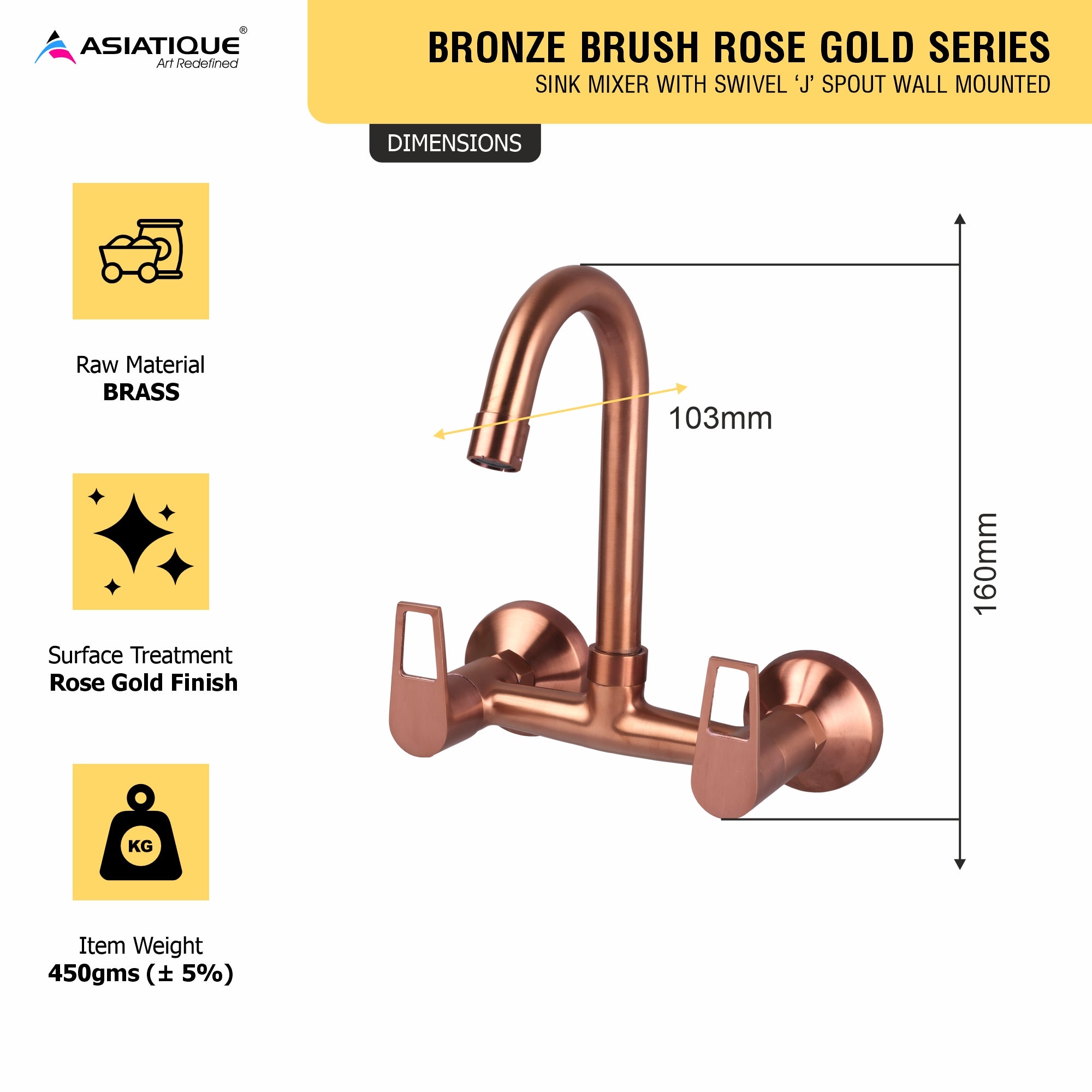 Asiatique Sink Mixer With Swivel ‘J’ Spout Wall Mounted (BRG-013 M), Button & Plate, Bronze Brush Rose Gold Series Bathroom & Kitchen Faucets