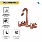 Asiatique Sink Mixer With Swivel ‘J’ Spout Wall Mounted (BRG-013 M), Button & Plate, Bronze Brush Rose Gold Series Bathroom & Kitchen Faucets