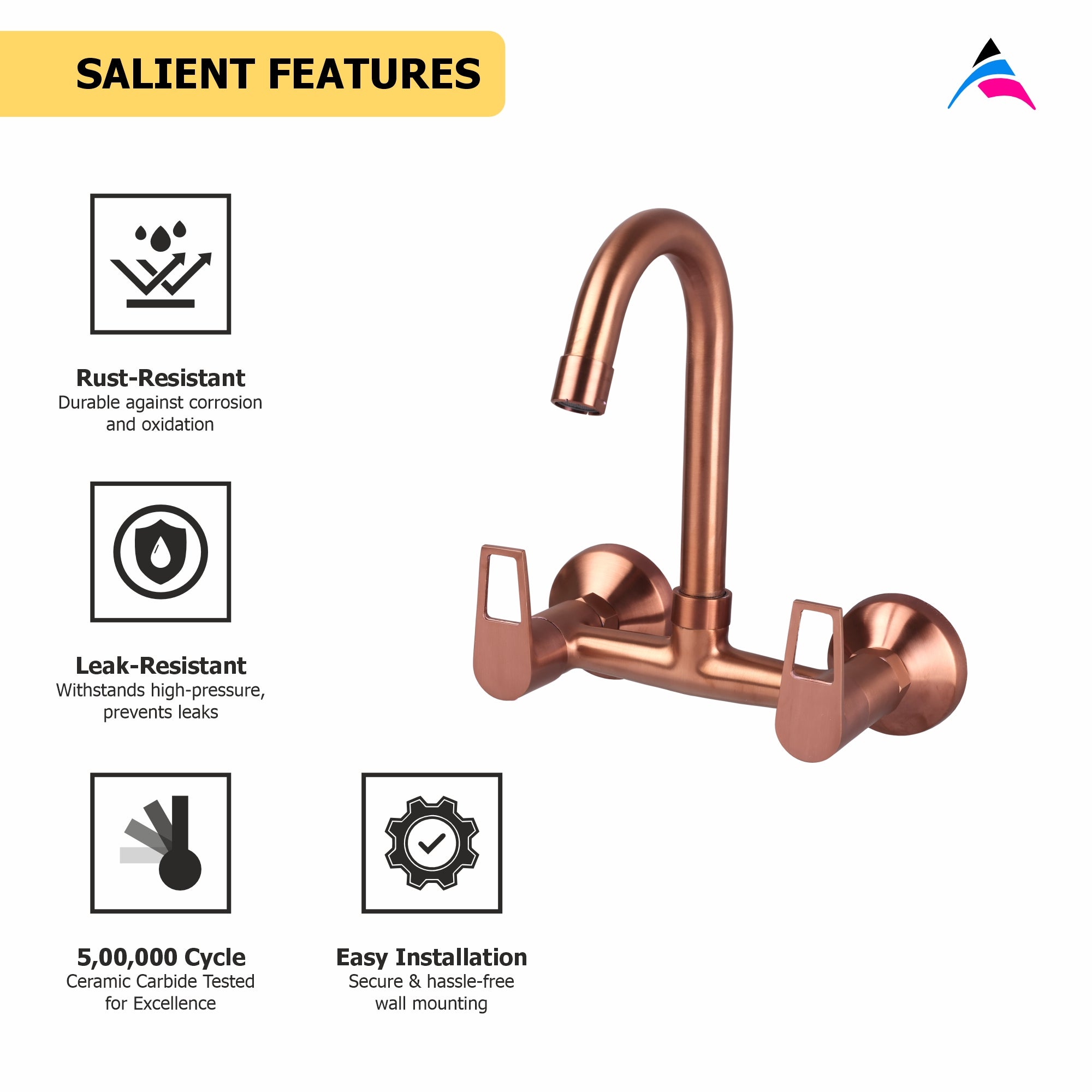 Asiatique Sink Mixer With Swivel ‘J’ Spout Wall Mounted (BRG-013 M), Button & Plate, Bronze Brush Rose Gold Series Bathroom & Kitchen Faucets