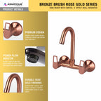 Asiatique Sink Mixer With Swivel ‘J’ Spout Wall Mounted (BRG-013 M), Button & Plate, Bronze Brush Rose Gold Series Bathroom & Kitchen Faucets