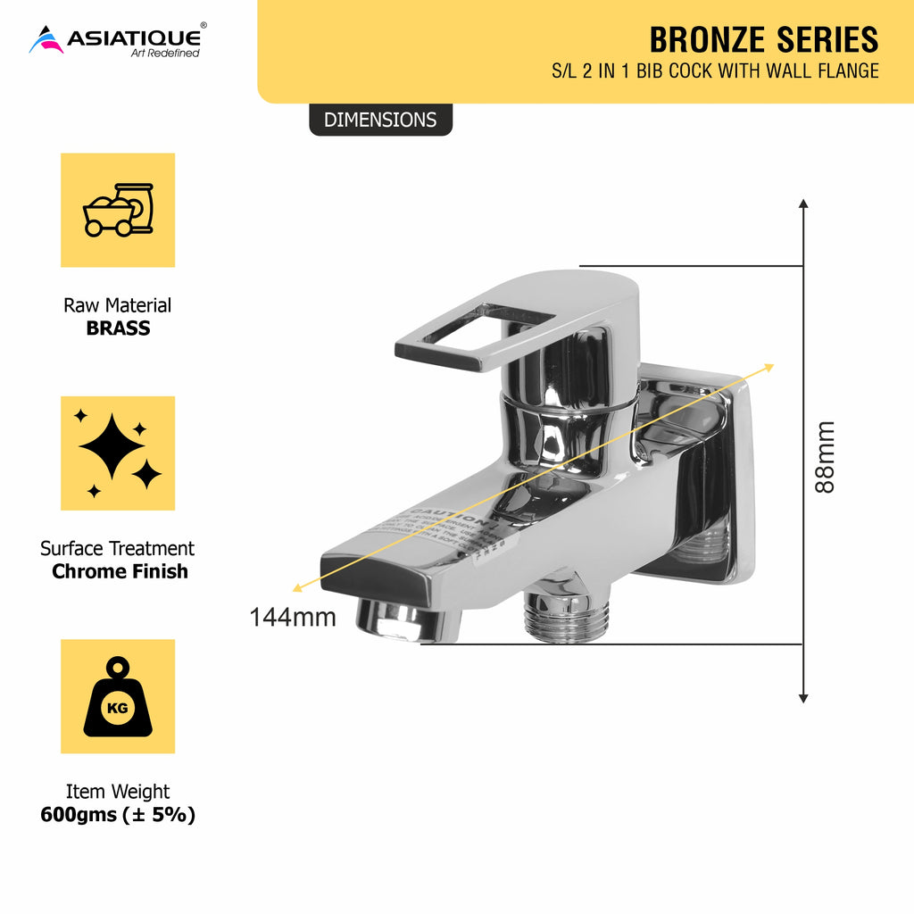 Asiatique S/L 2 in 1 Bib Cock With Wall Flange (B-015 S/L), Bronze Series Premium Brass Faucet Collection, Chrome Basin Mixers, Pillar Cocks, Sink Mixers & Bathroom Taps