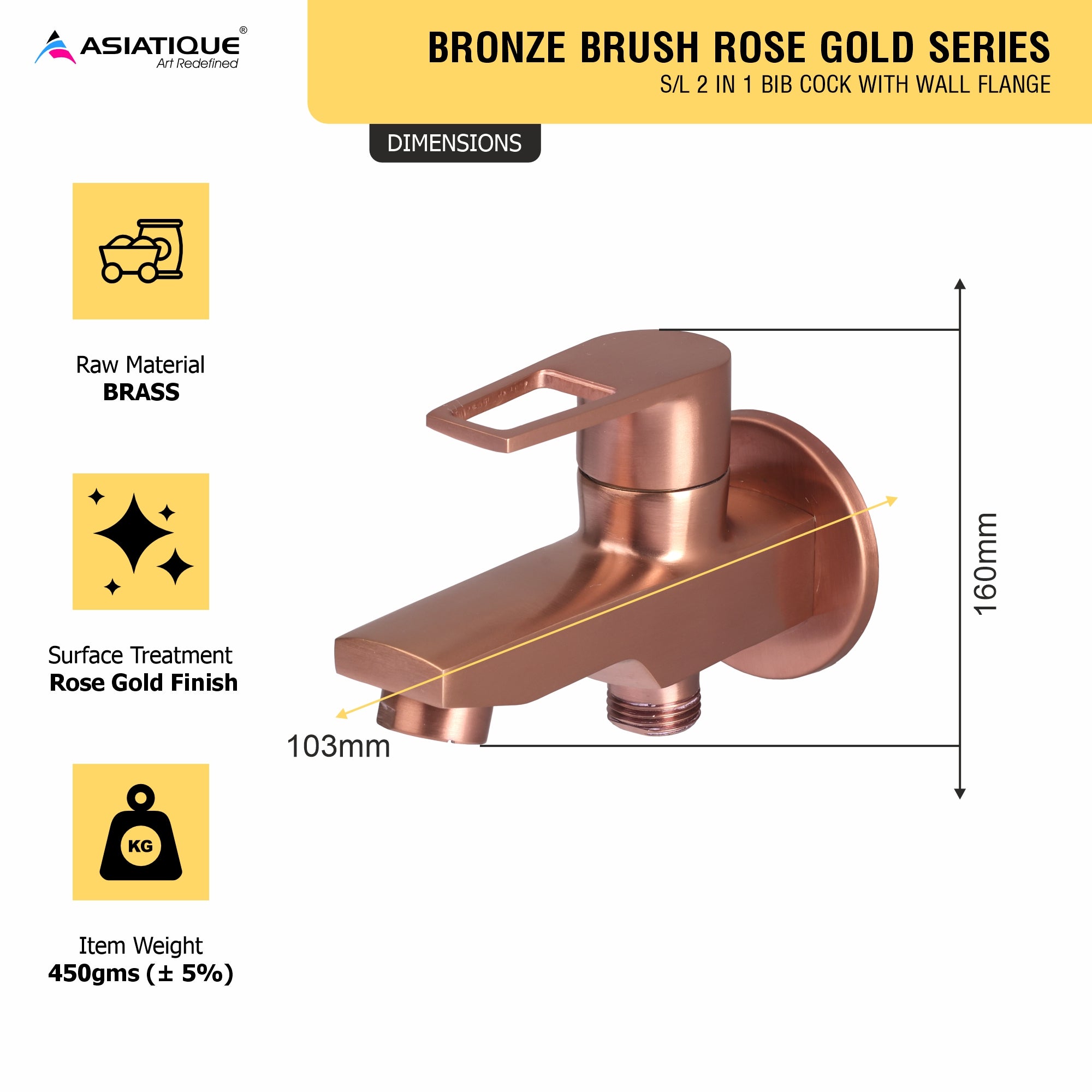 Asiatique S/L 2 in 1 Bib Cock With Wall Flange (BRG-015 S/L M), Button & Plate, Bronze Brush Rose Gold Series Bathroom & Kitchen Faucets