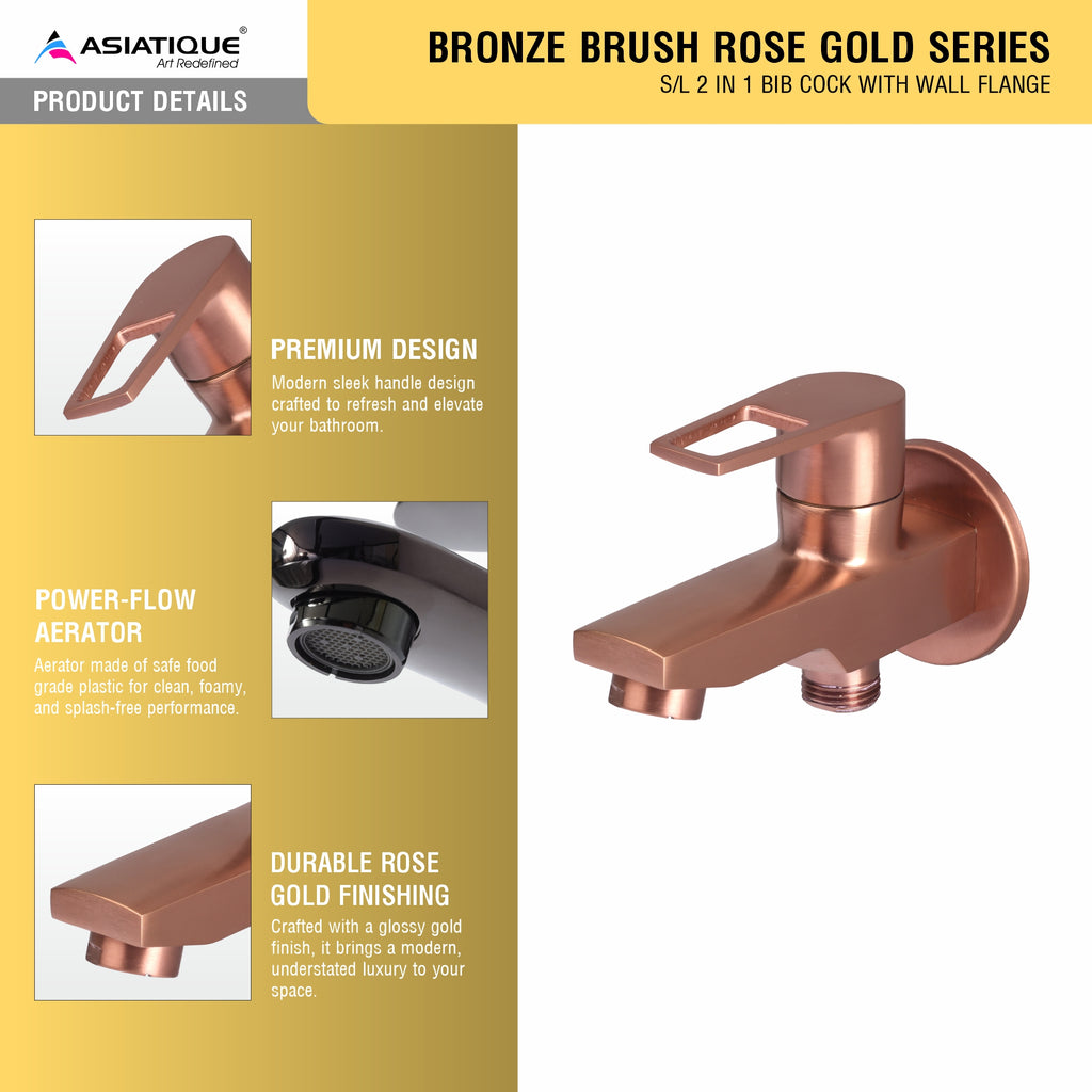 Asiatique S/L 2 in 1 Bib Cock With Wall Flange (BRG-015 S/L M), Button & Plate, Bronze Brush Rose Gold Series Bathroom & Kitchen Faucets