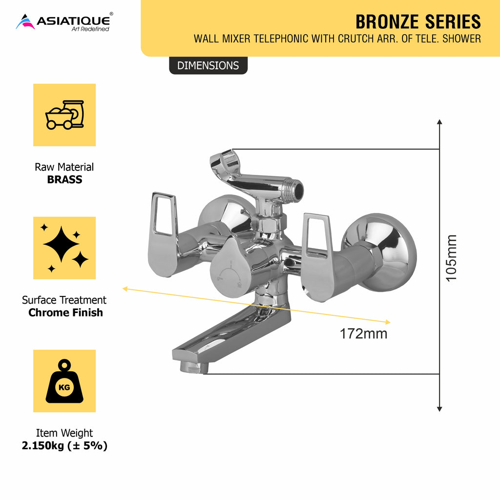 Asiatique Wall Mixer Telephonic With Crutch ARR. Of Tele. Shower (B-016), Bronze Series Premium Brass Faucet Collection, Chrome Basin Mixers, Pillar Cocks, Sink Mixers & Bathroom Taps