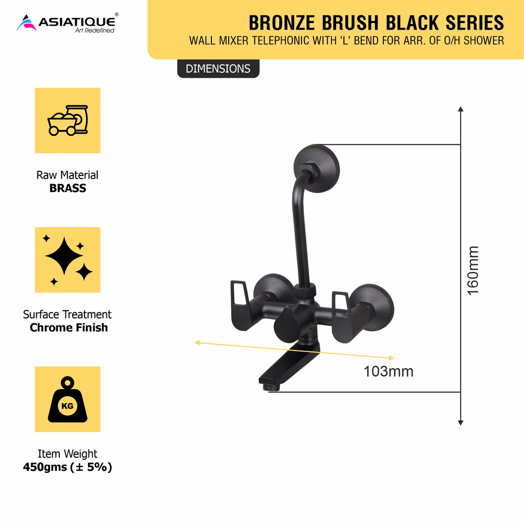 Asiatique Wall Mixer Telephonic With ‘L’ Bend for ARR. Of O/H Shower (BB-017 M), Bronze Brush Black Series Bathroom & Kitchen Faucets