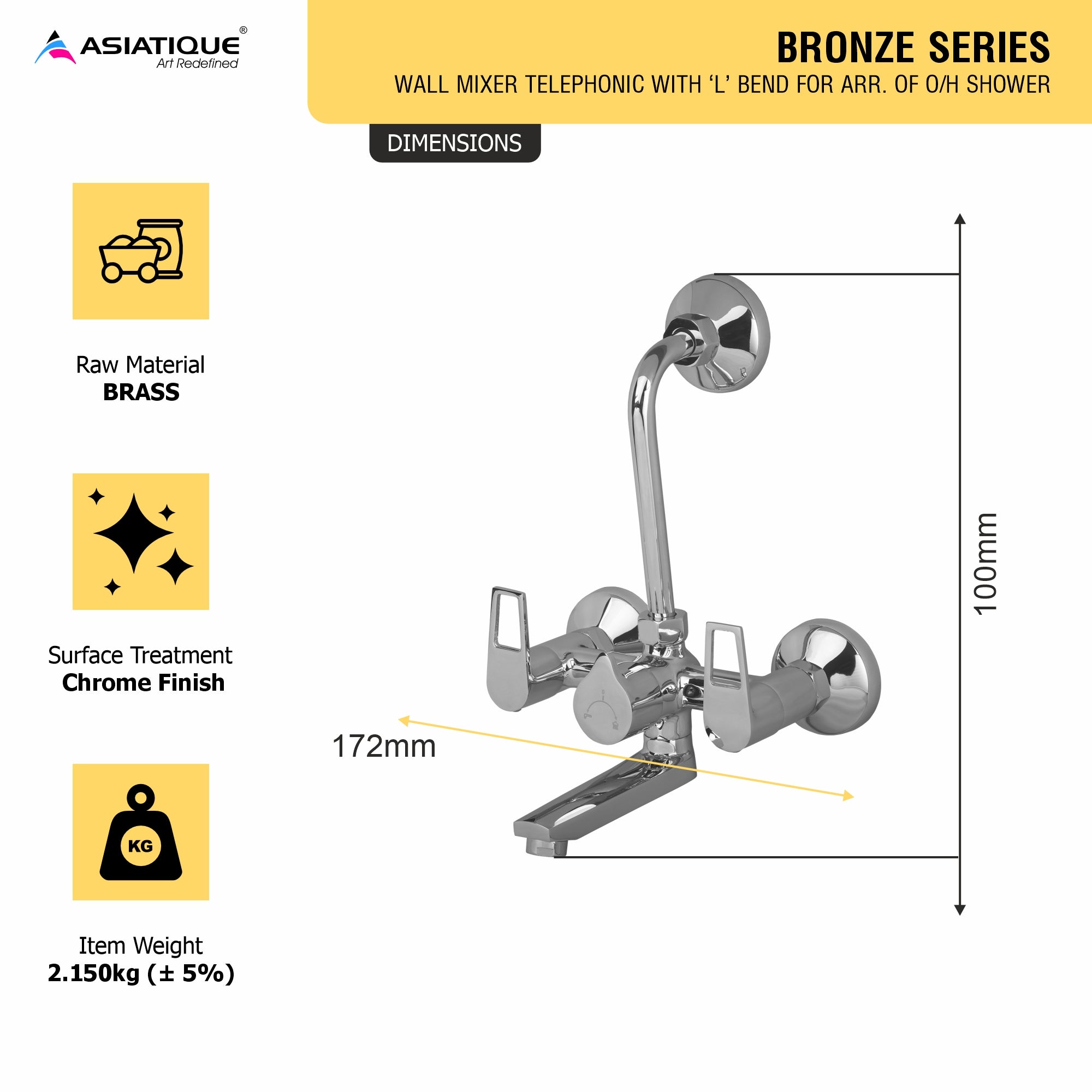 Asiatique Wall Mixer Telephonic With ‘L’ Bend for ARR. Of O/H Shower (B-017), Bronze Series Premium Brass Faucet Collection, Chrome Basin Mixers, Pillar Cocks, Sink Mixers & Bathroom Taps