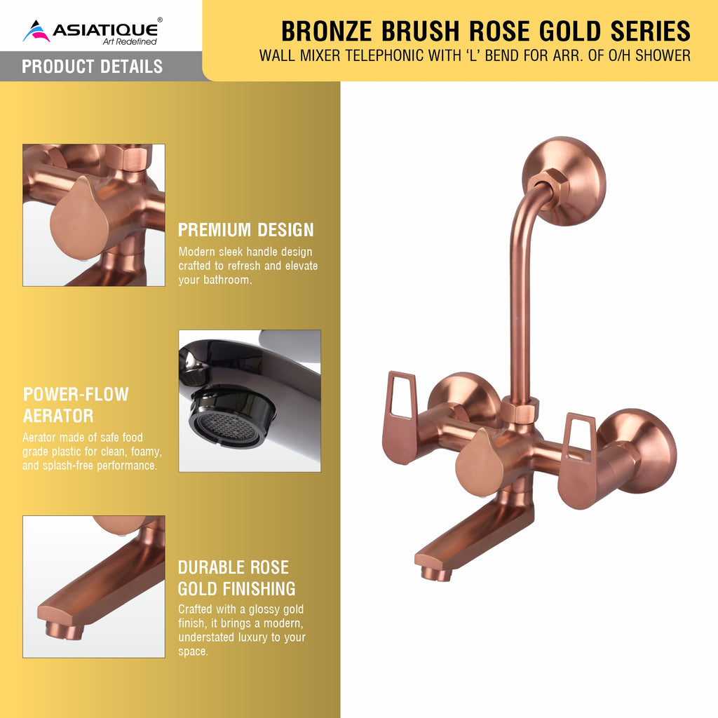 Asiatique Wall Mixer Telephonic With ‘L’ Bend for ARR. Of O/H Shower (BRG-017 M), Button & Plate, Bronze Brush Rose Gold Series Bathroom & Kitchen Faucets